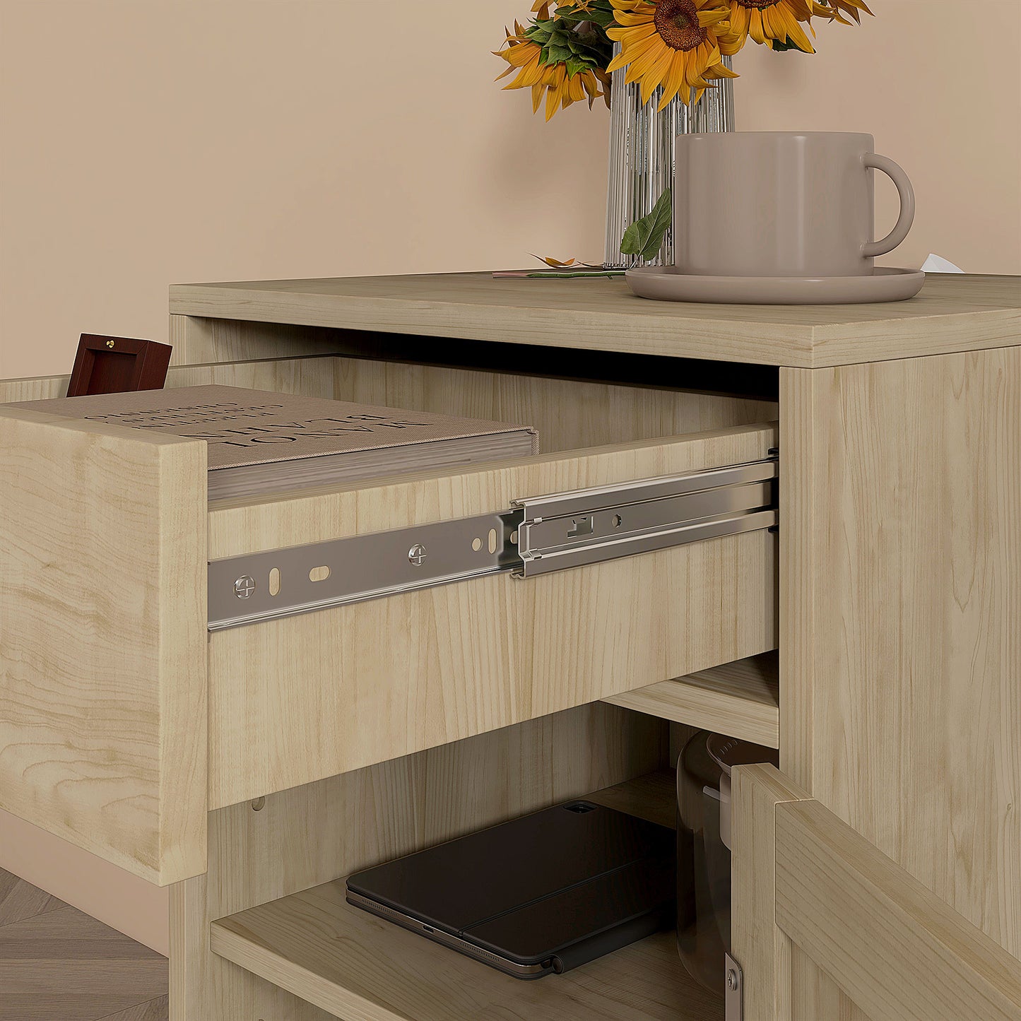 Bedside Table with Rattan Drawer, Cabinet and Adjustable Shelf, Natural