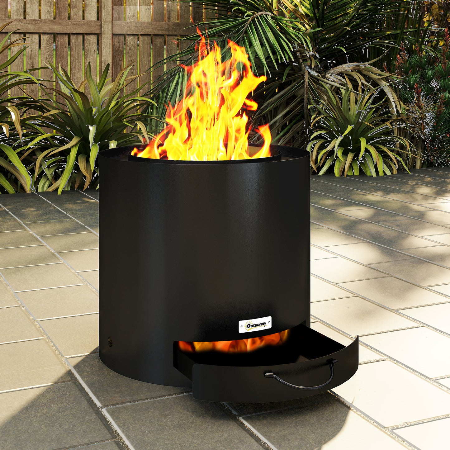 Outdoor Round Fire Pit with Ash Tray and Fire Poker, Black