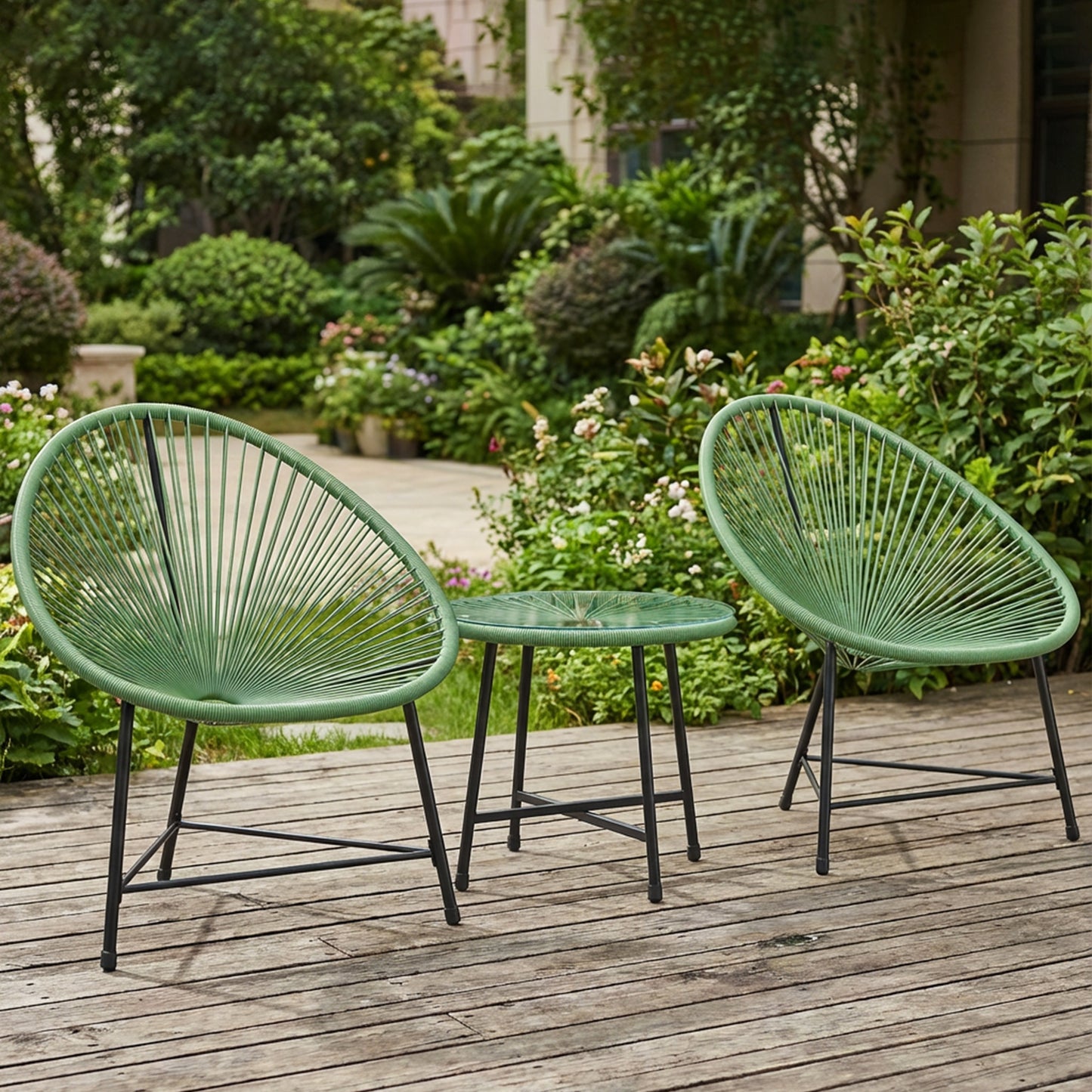 Rattan Bistro Set with Acapulco Chairs and Glass Table, Green
