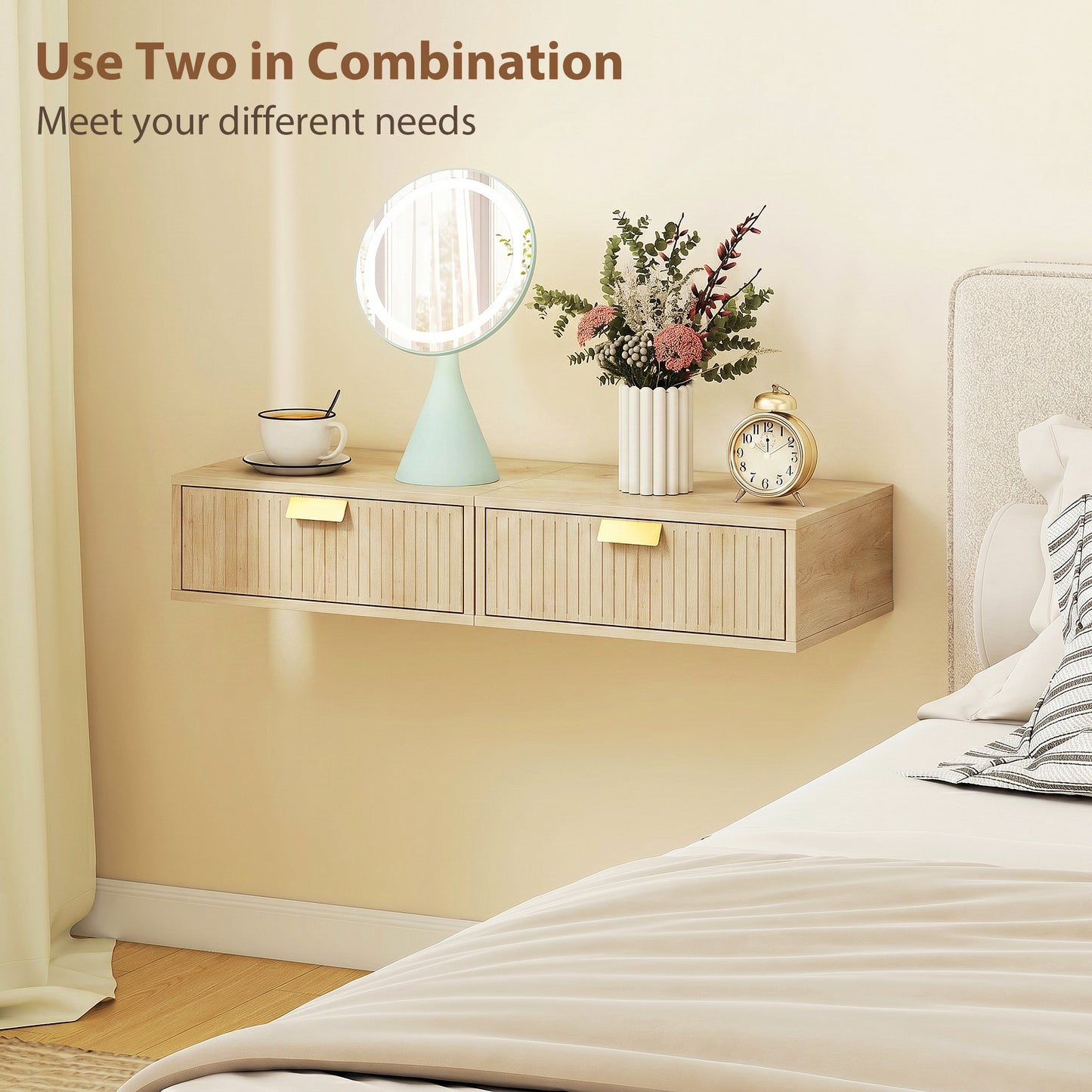 Modern Floating Nightstands Set of 2, Wall Mounted Bedside Tables with Wave Drawer for Bedroom and Living Room, 40W x 30D x 15H cm, Oak