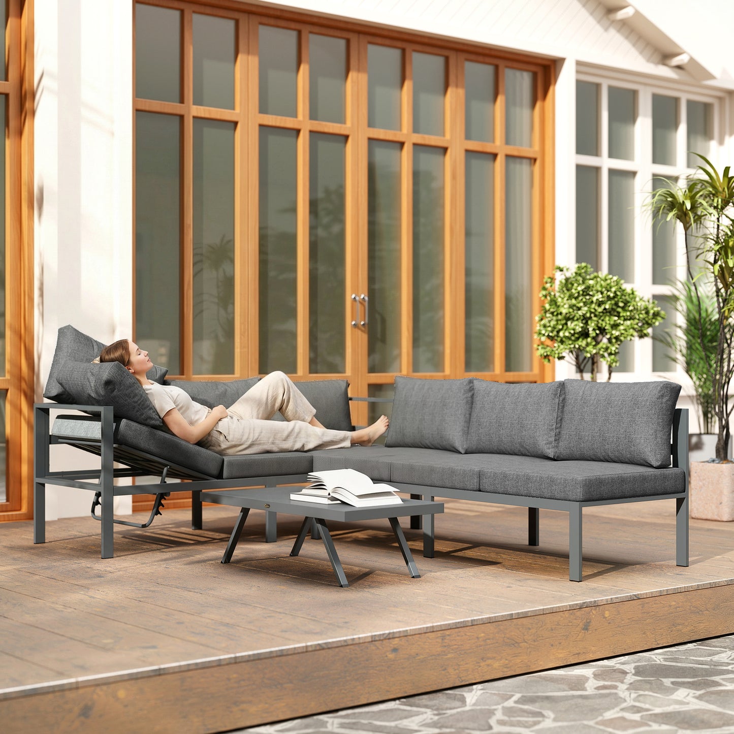 Patio Furniture Set Adjustable Backrest L-Shaped Dark Grey