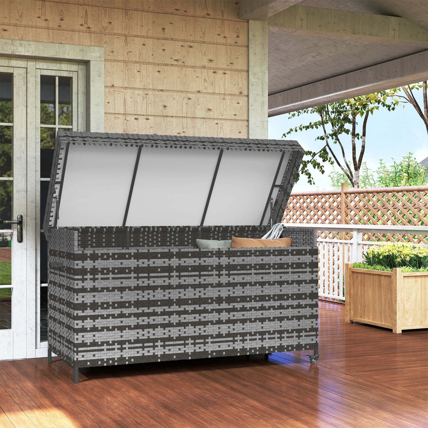 627 L Rattan Garden Storage Box with Gas Lift Lid and Wheels, Grey