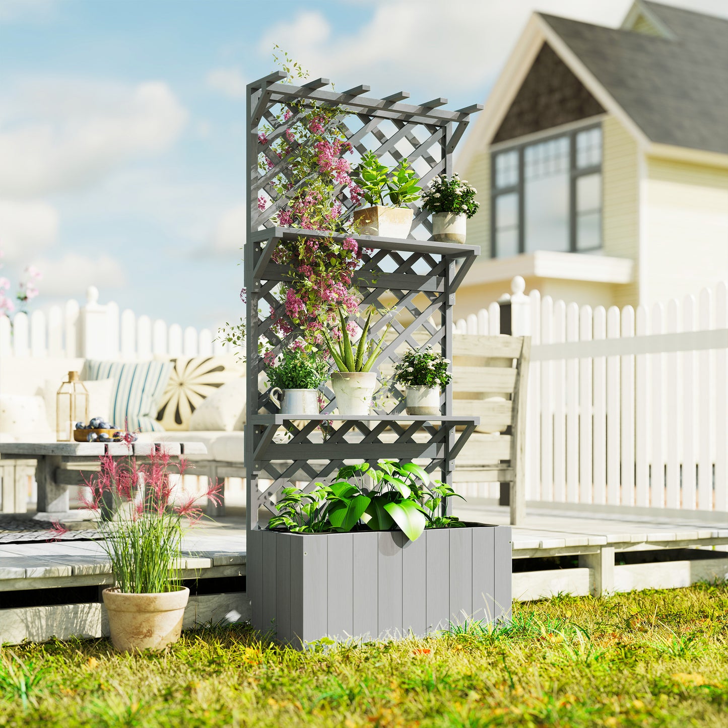 Wooden Raised Planter with Trellis and 2 Shelves, Grey