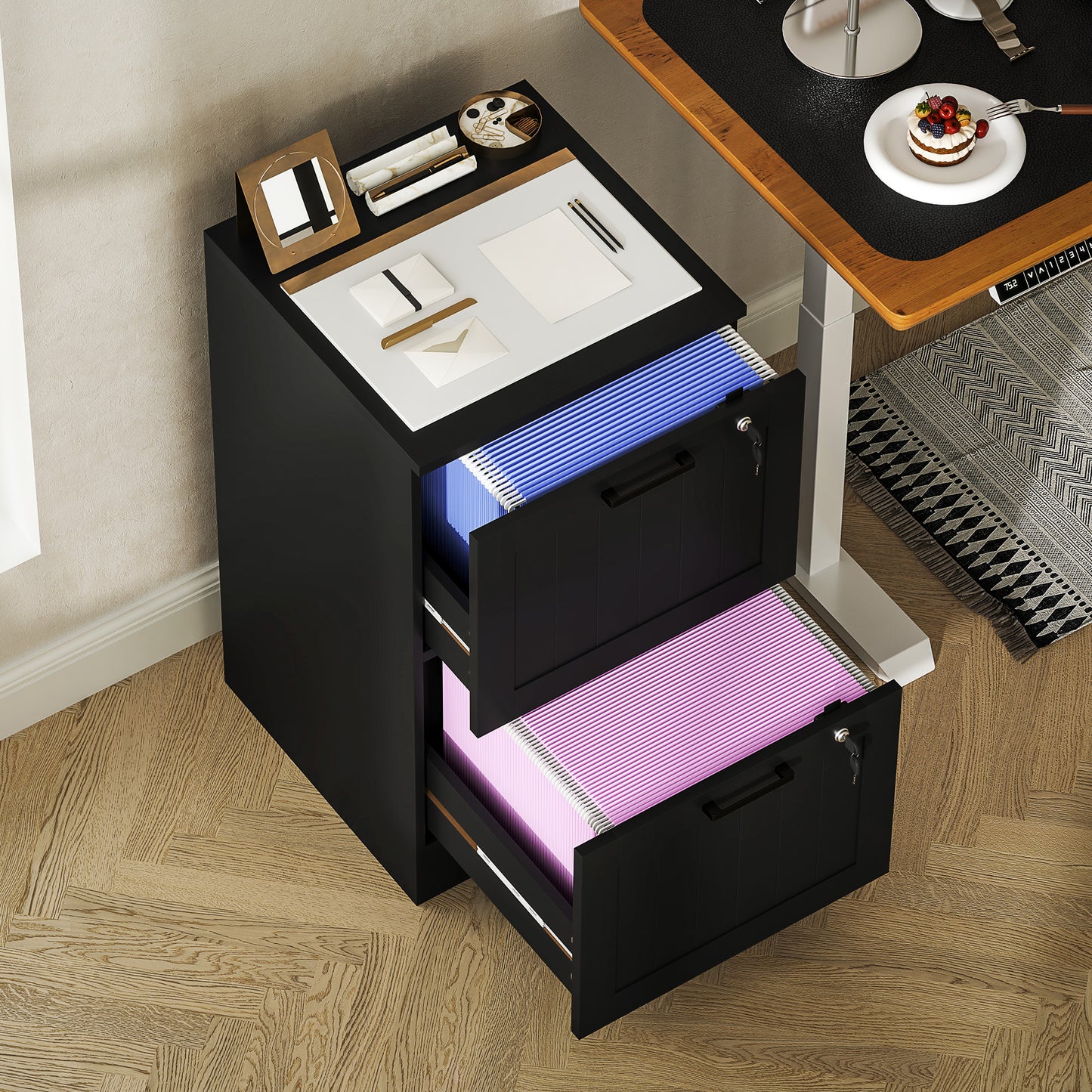 2 Drawer File Cabinet with Lock and Adjustable Hanging Bars, Black
