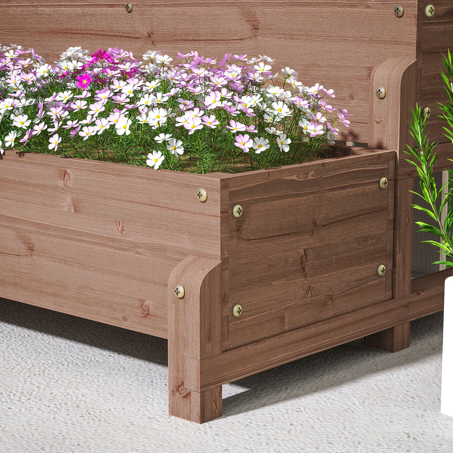 2-Tier Wooden Raised Bed with Trellis and Drainage Holes, Brown