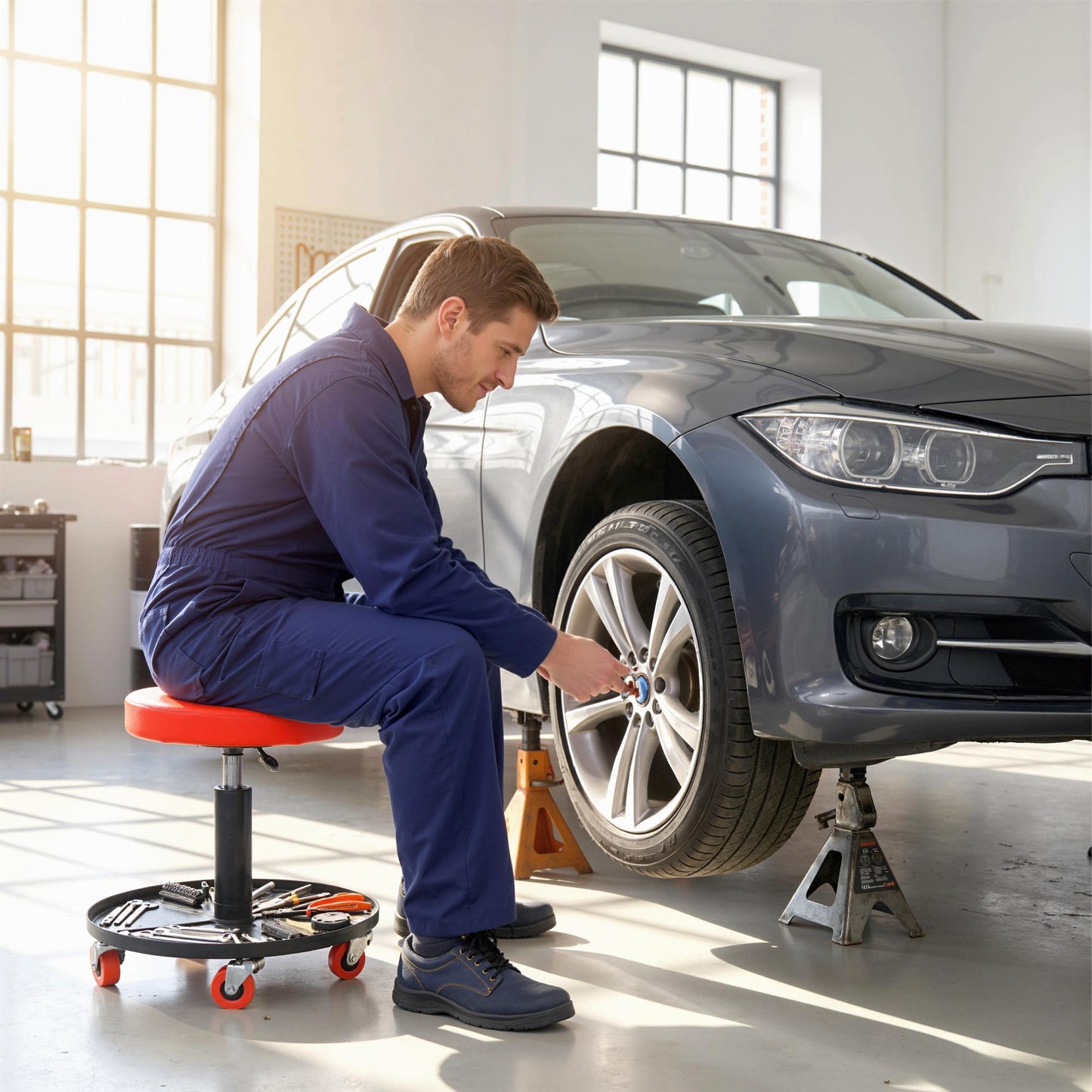Pneumatic Adjustable Mechanic Stool w/ Tool Tray, Wheels