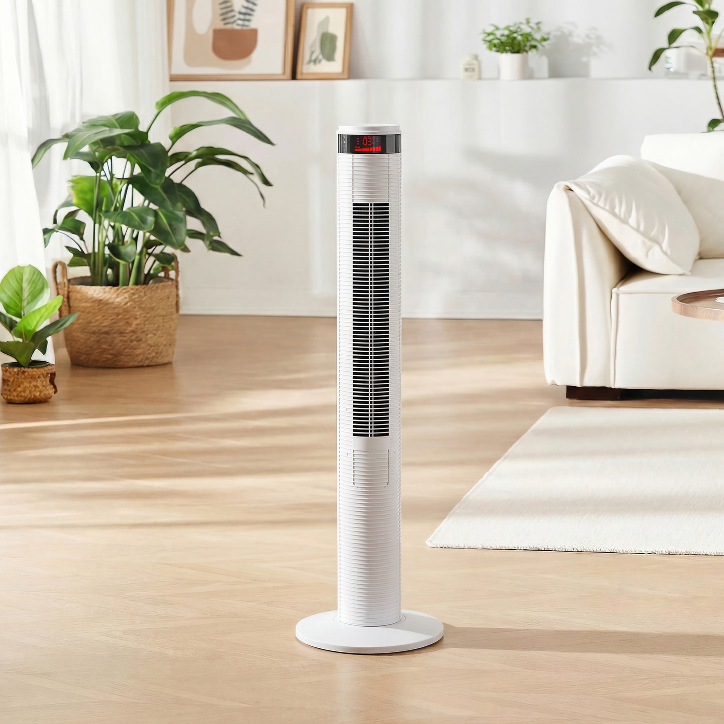 Oscillating Tower Fan Remote Control 3 Speed Modes Cooling Machine White