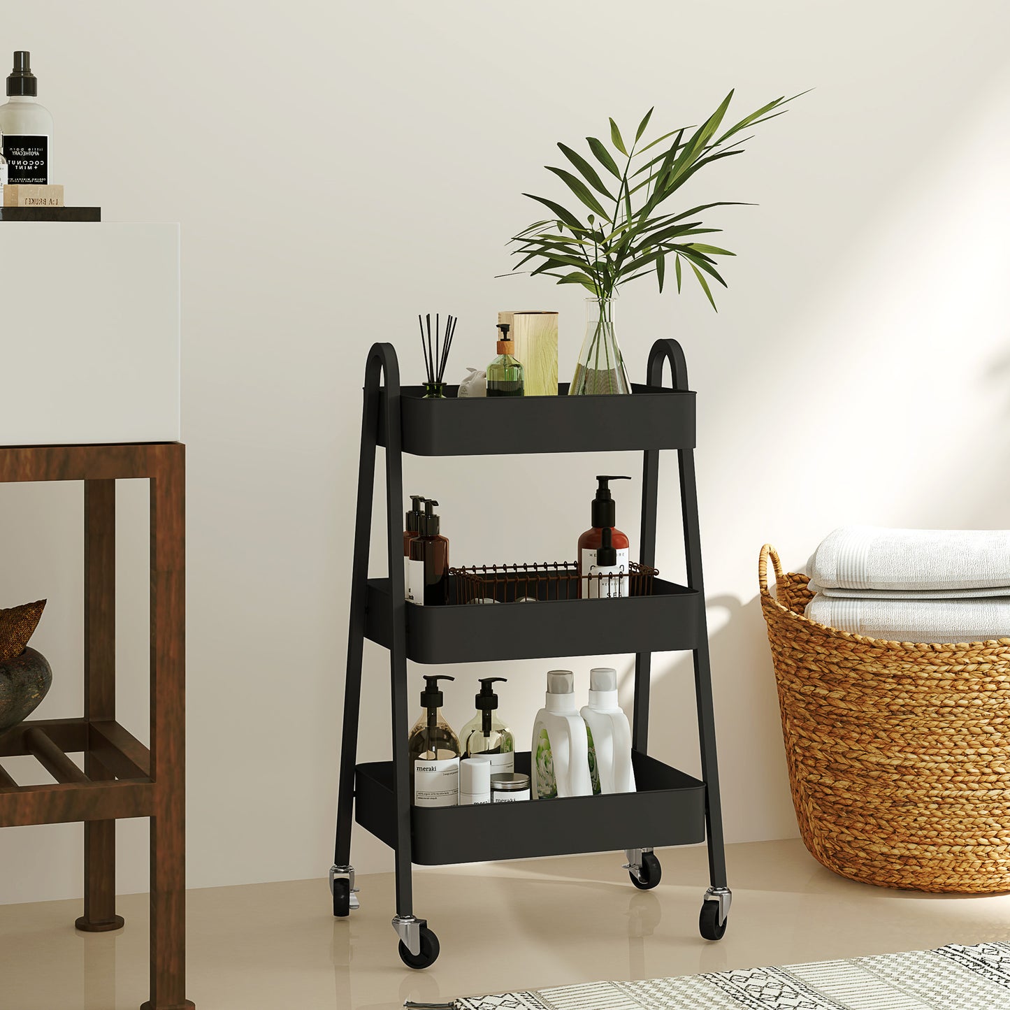 3-Tier Rolling Utility Cart Kitchen Storage Trolley on Wheels Black