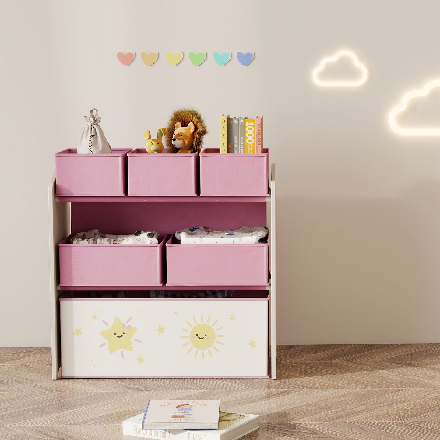 3-Tier Kids Storage Shelf with 6 Removable Fabric Boxes, Pink