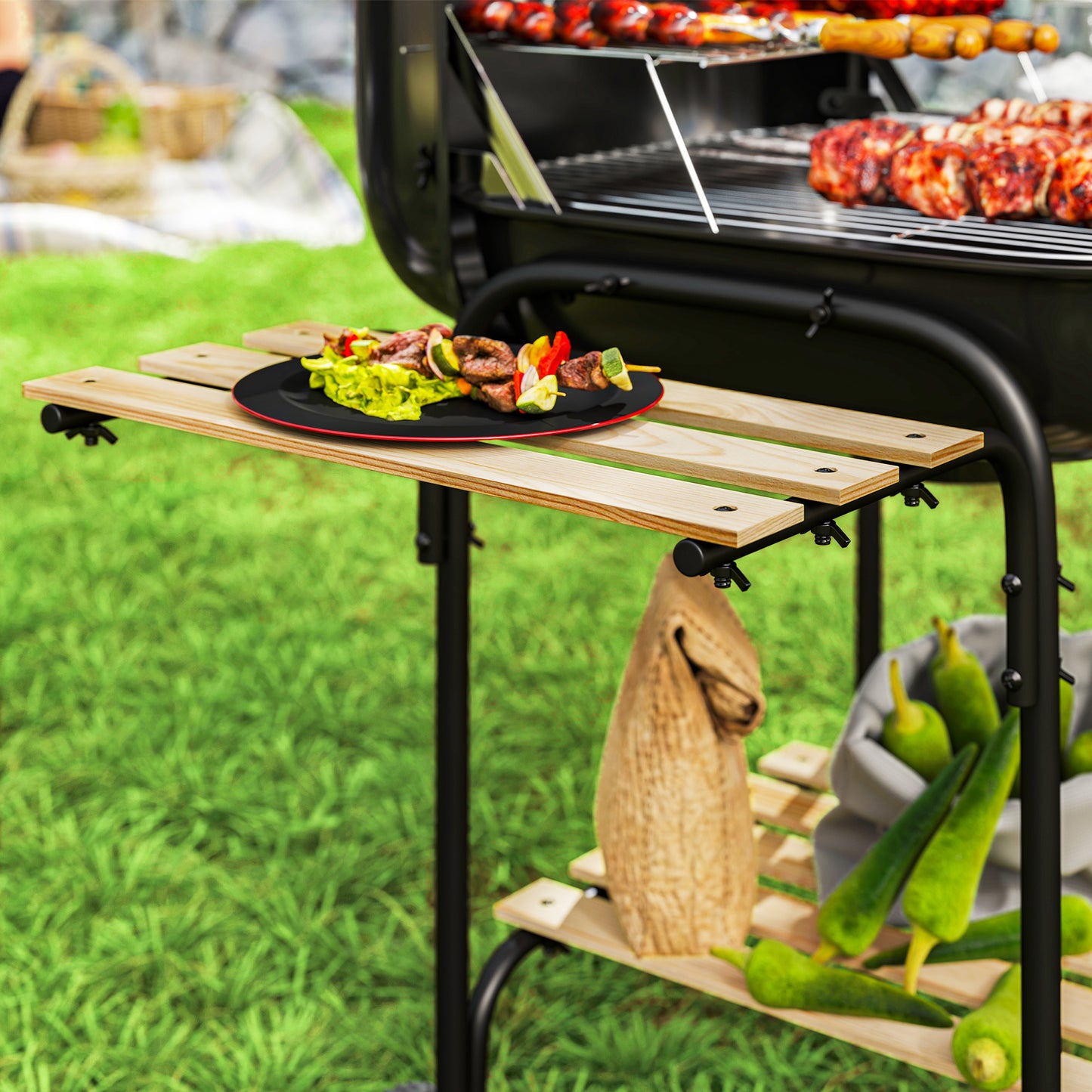 Charcoal Barbecue Grill Portable BBQ with Lockable Lid, Vent, Black