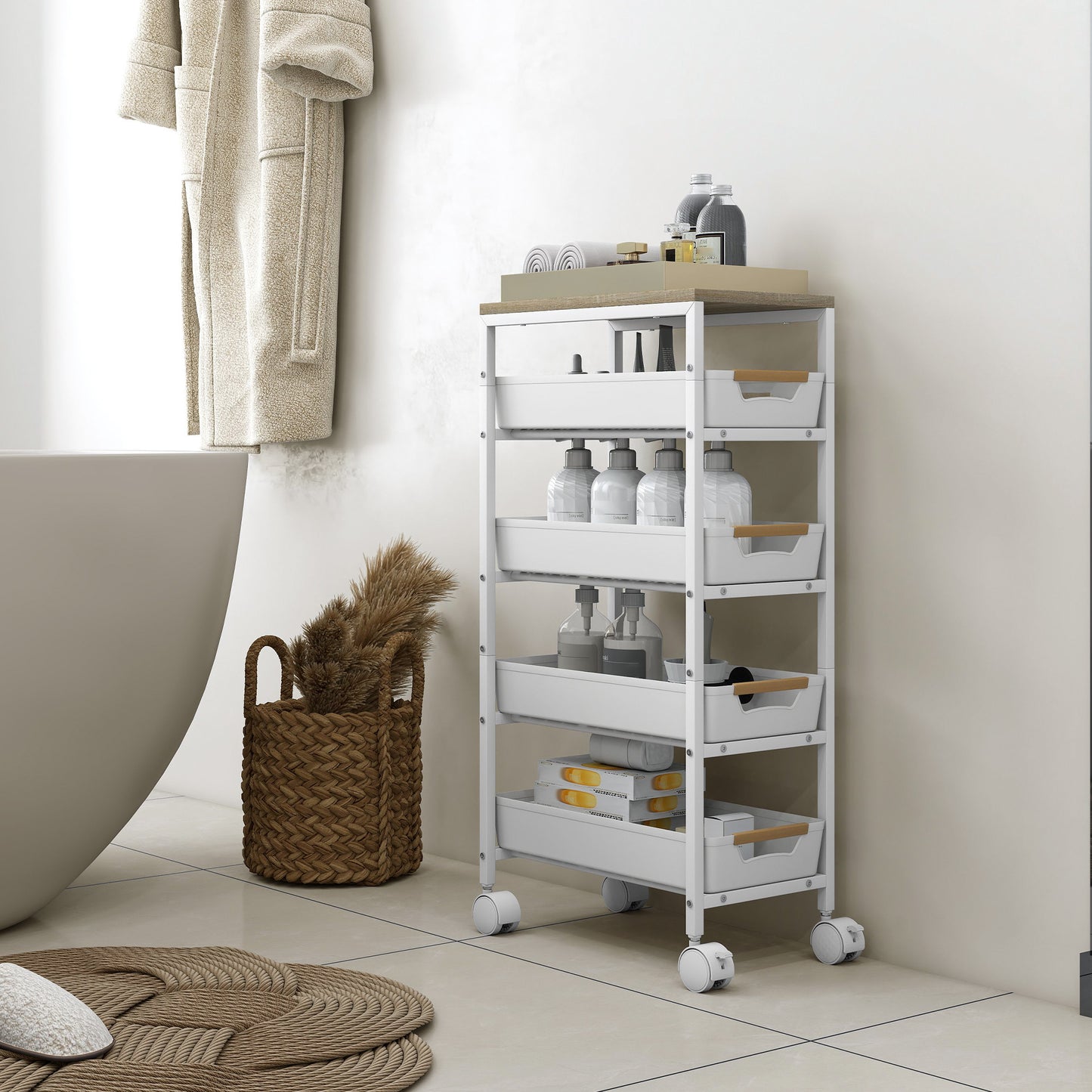 Kitchen Storage Trolley Mobile Utility Cart for Kitchen Office White