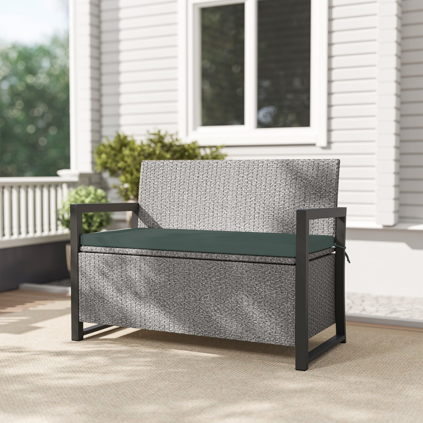 Rattan Garden Bench with Storage, Inner Bag, 151.5L Outdoor Bench