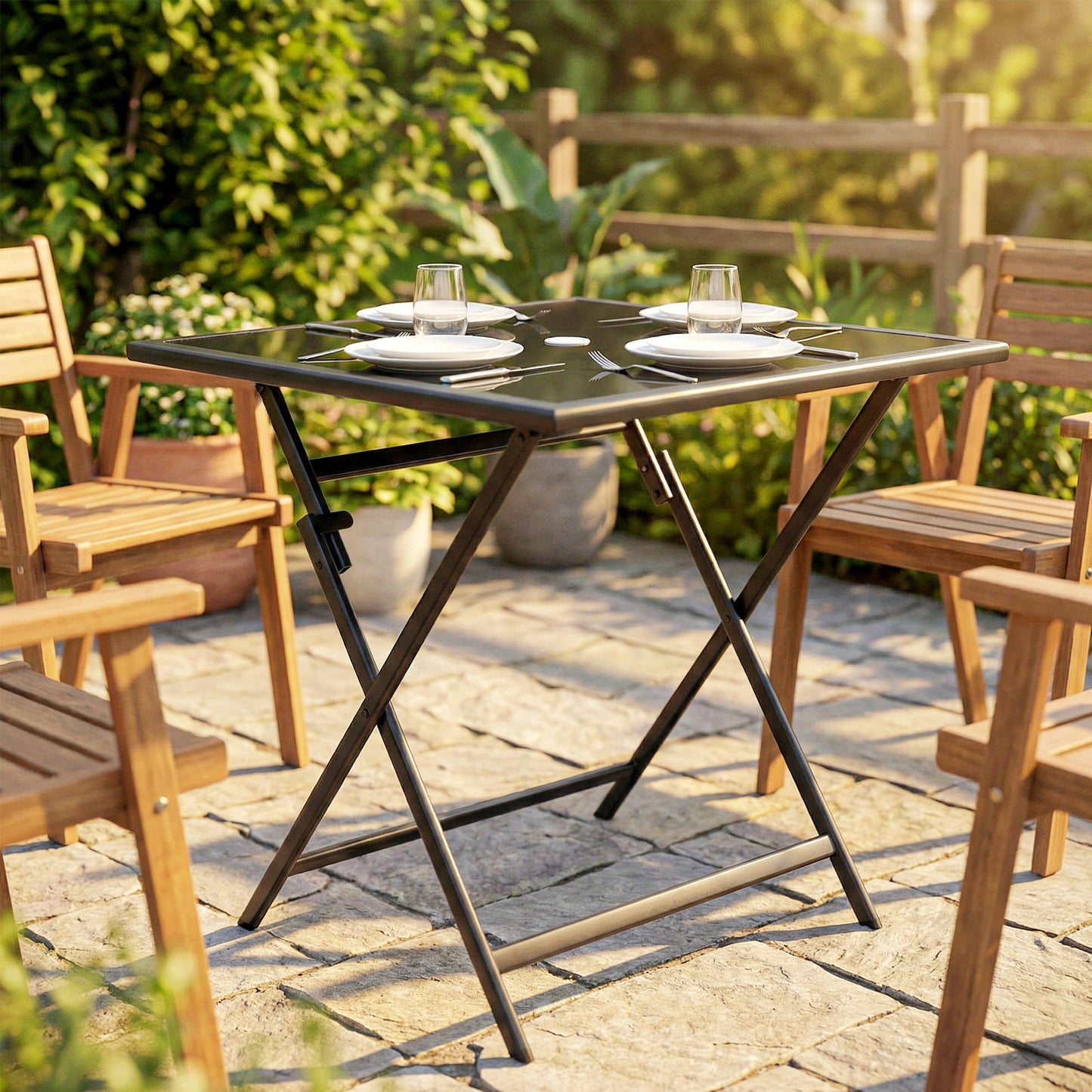 Folding Square Garden Dining Table with Parasol Hole