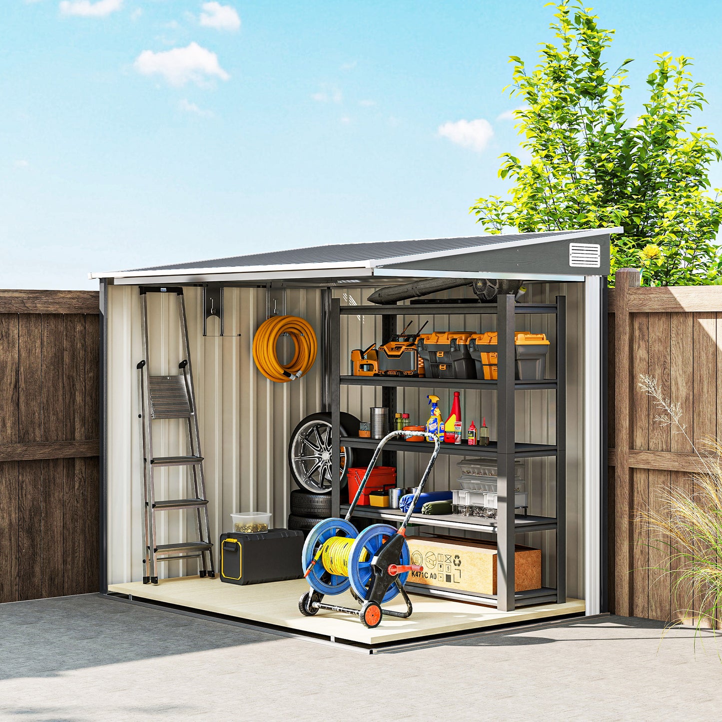 7 x 5FT Garden Shed w/ Foundation Lean to Metal Tool Shed Grey