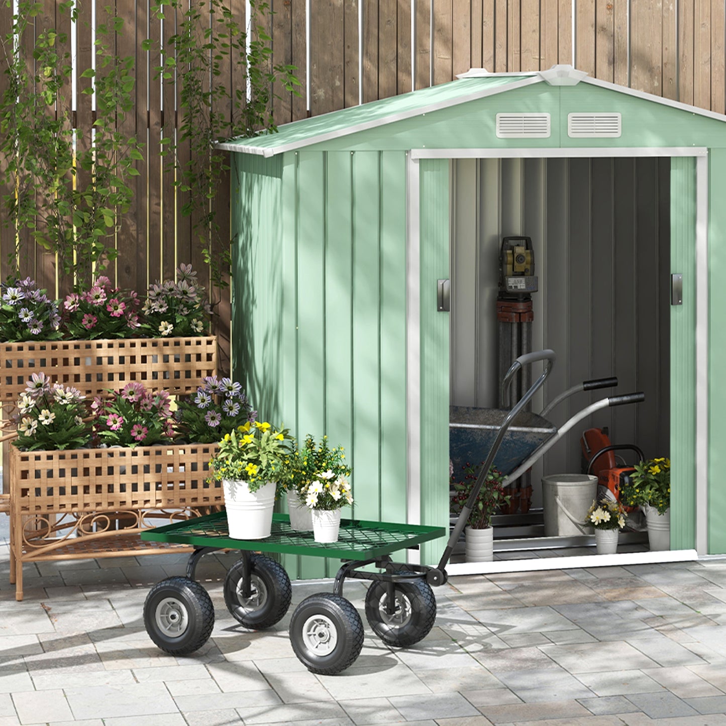 Garden Trolley Cart with Pneumatic Wheels and Rotating Handle, Green