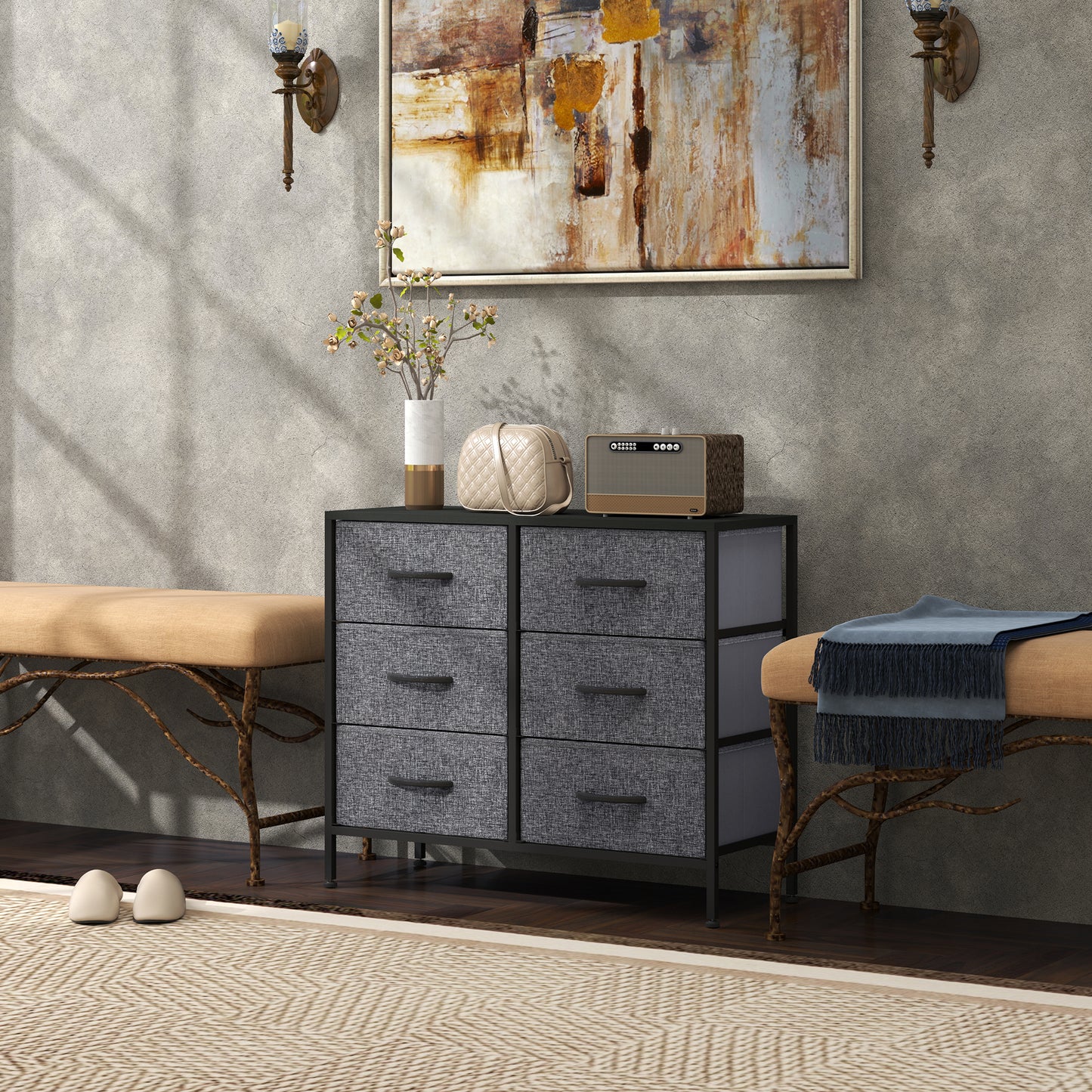 6 Drawer Fabric Chest of Drawers w/ Wooden Top for Hallway Black
