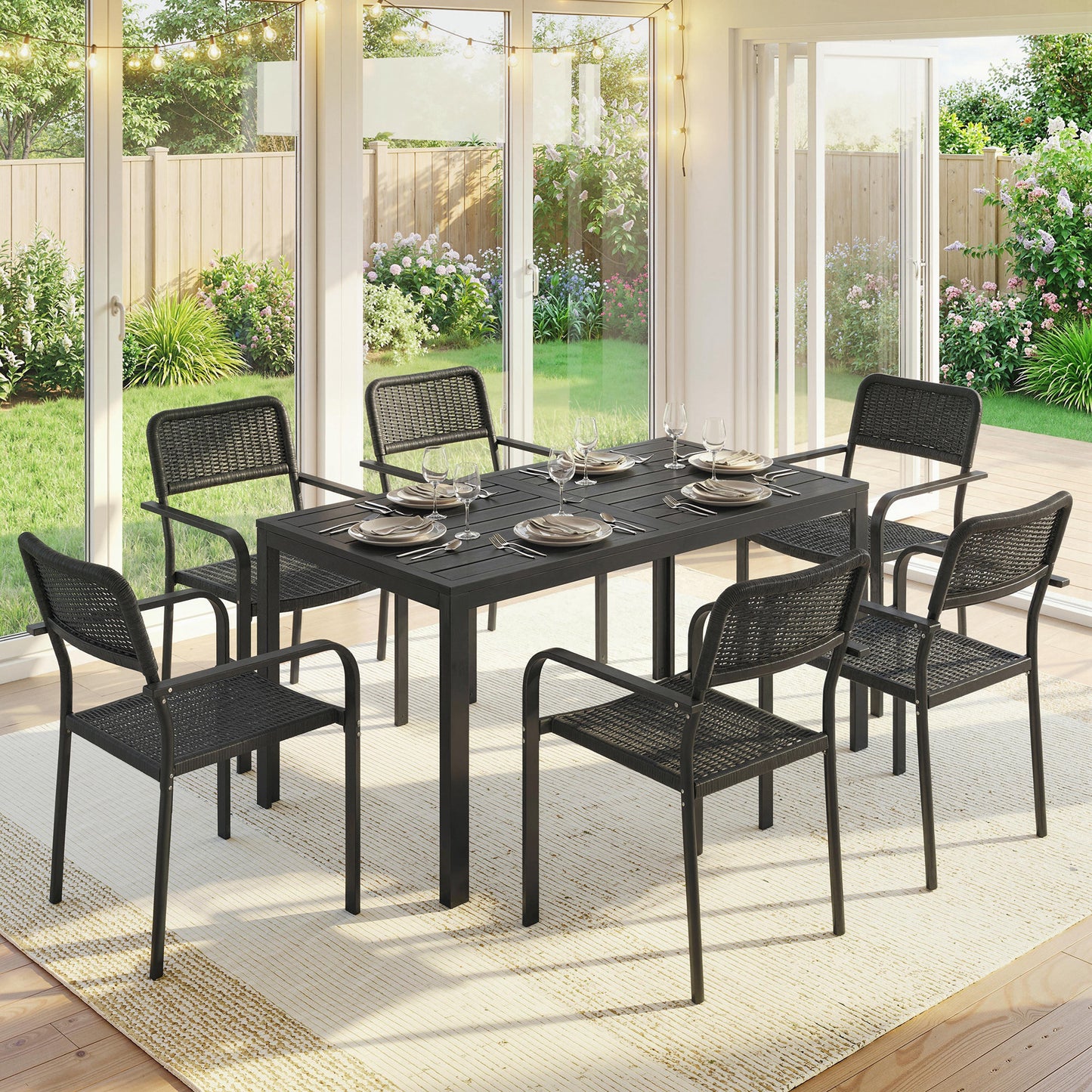 Garden Dining Set with Umbrella Hole for 6 People, Black