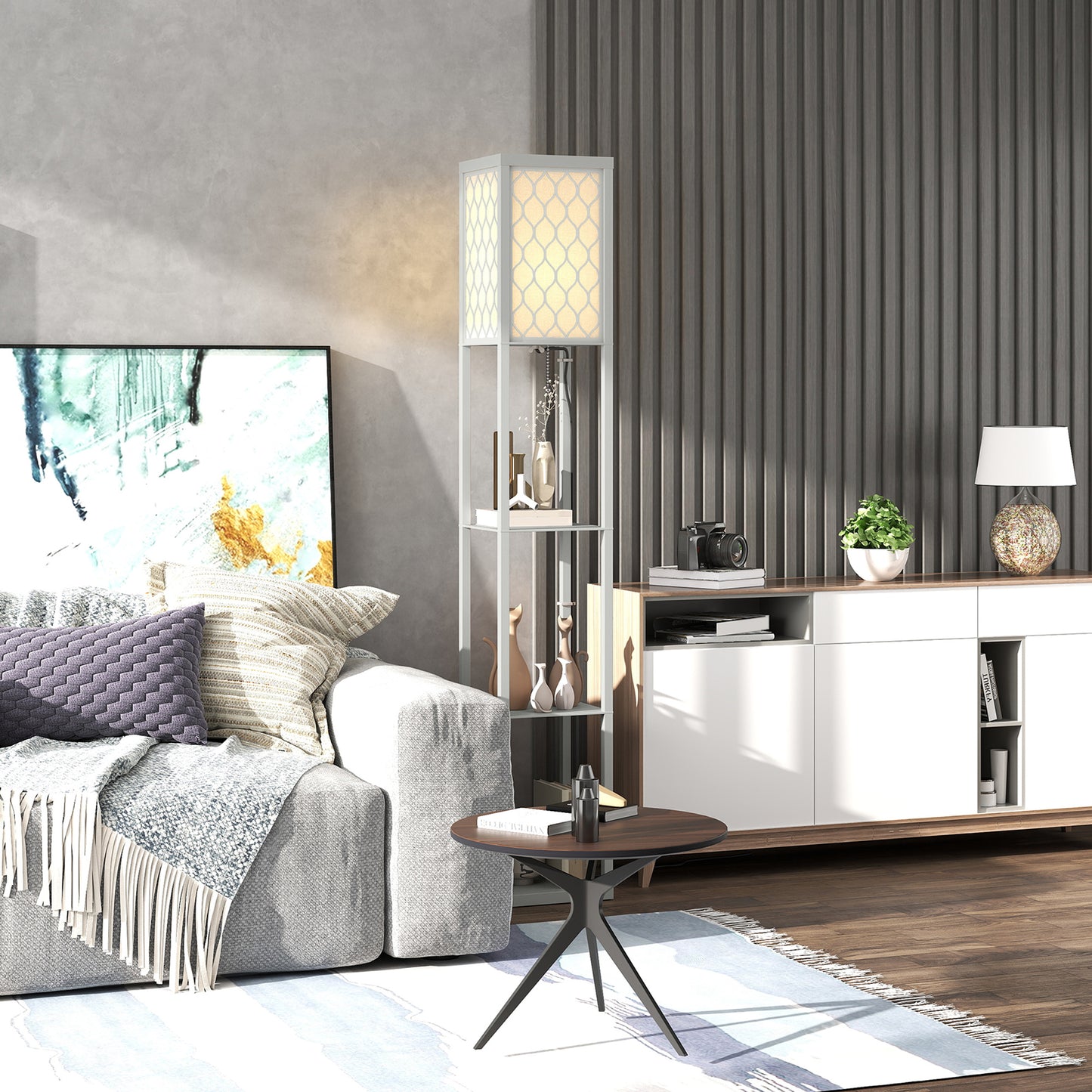 Modern Floor Lamp Light with Shelves Fabric Lampshade Light Grey