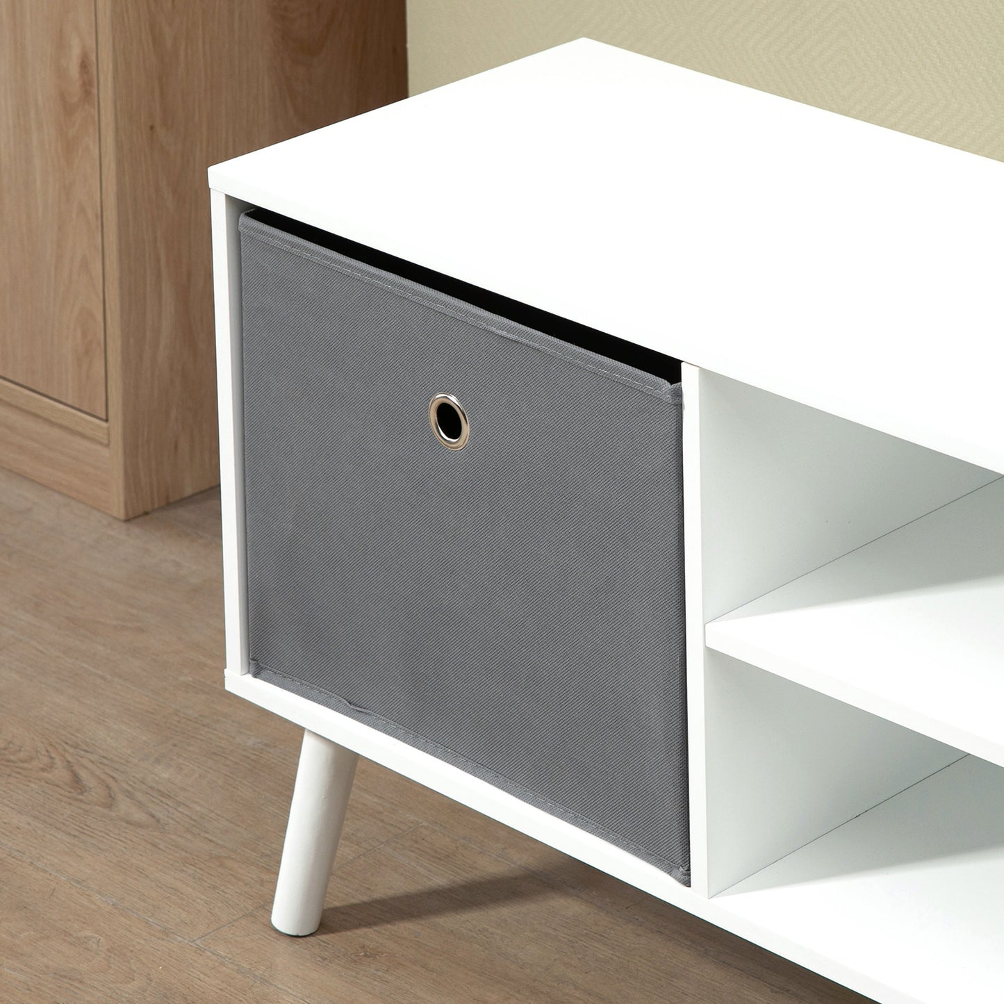Modern TV Cabinet Stand w/ Shelves & Drawers, Bedroom White & Grey