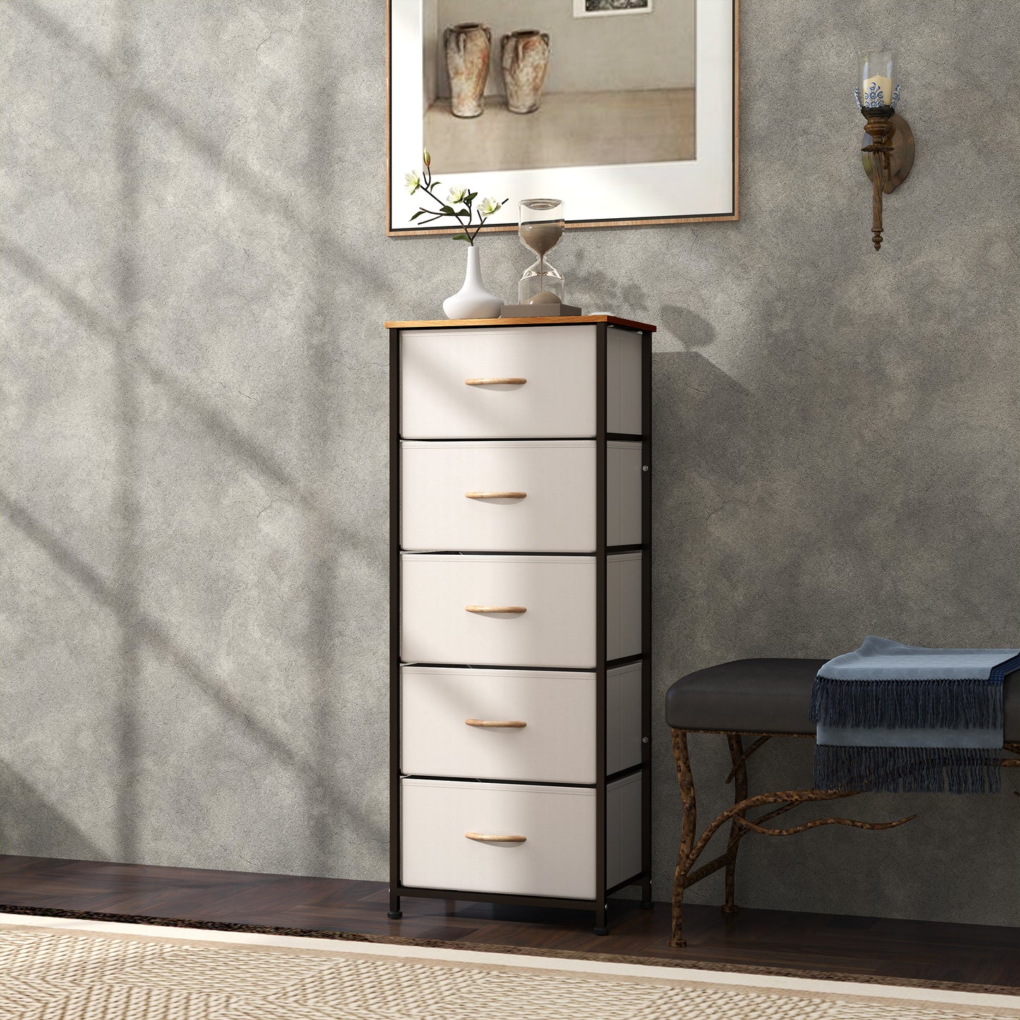 5 Drawer Fabric Chest of Drawers w/ Wooden Top for Hallway Cream