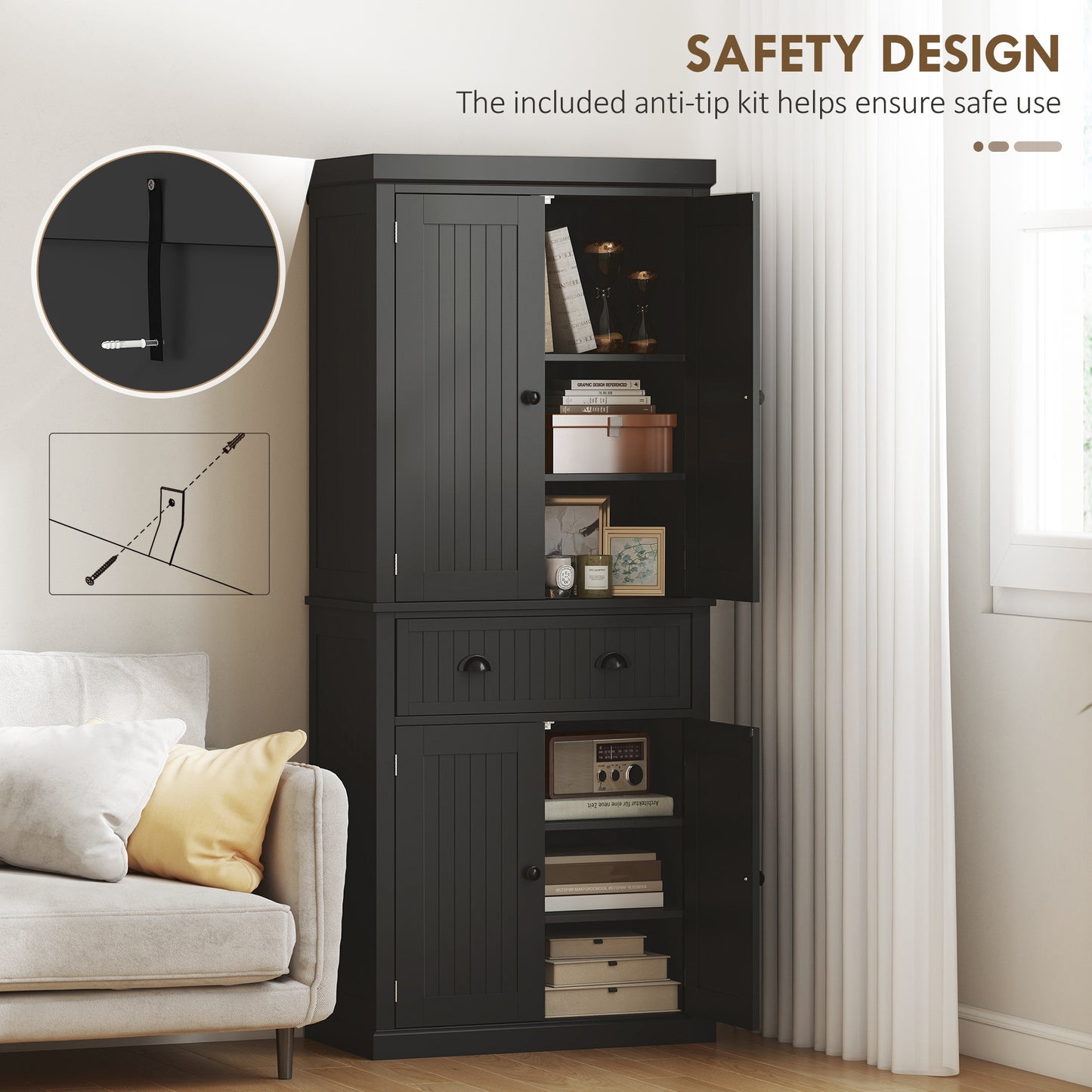 183 cm Tall Kitchen Cabinet, Freestanding Storage Cabinet with 4 Doors, Drawer and Adjustable Shelves, Kitchen Cupboard for Dining Room, Black
