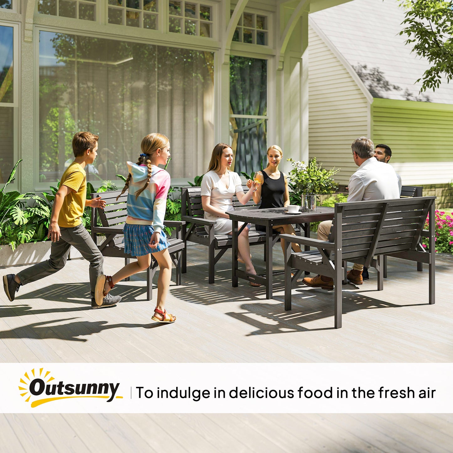 5PC Patio Dining Set Wooden Table and Chairs w/ Umbrella Hole Grey