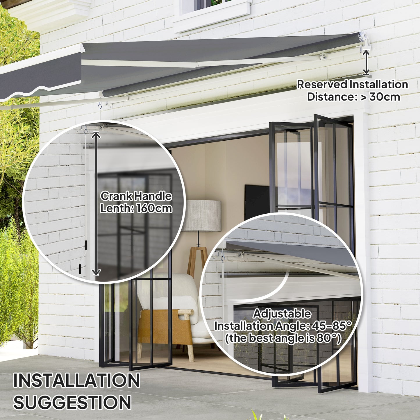Garden Sun Shade Canopy Retractable Awning, 2.5 x 2m, Dark Grey
