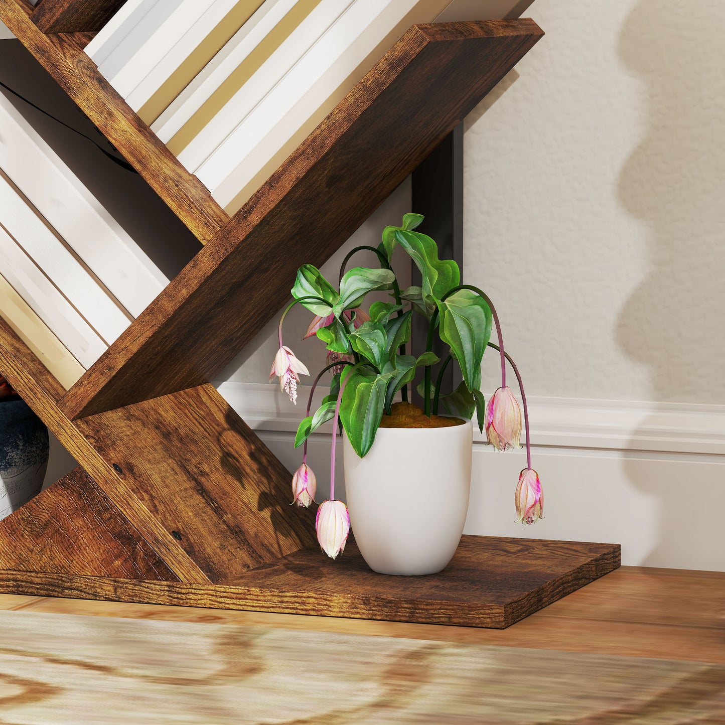 7-Tier Tree Bookshelf with Steel Frame for Living Room, Rustic Brown