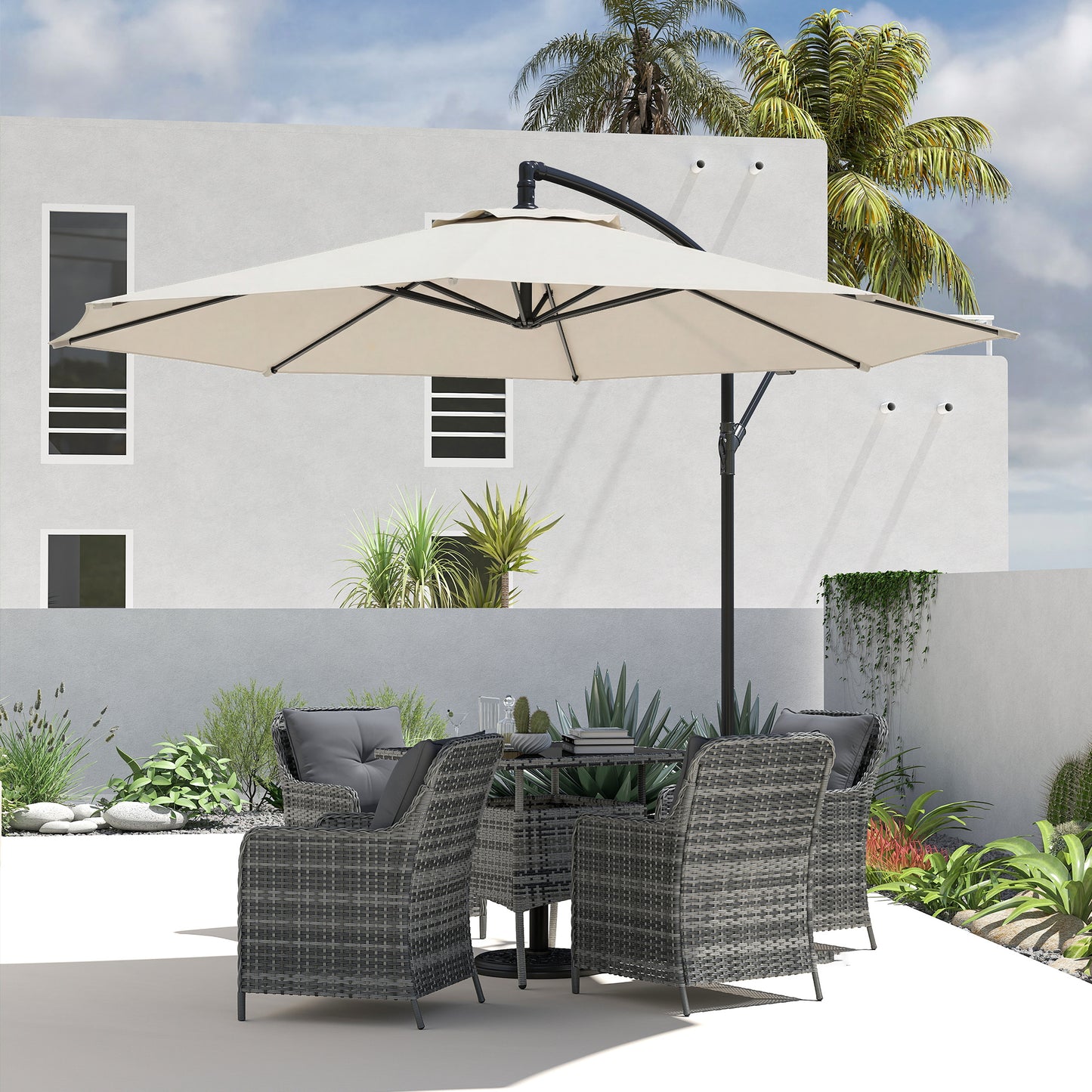3(m) Garden Banana Parasol Cantilever Umbrella w/ Base, Cream White