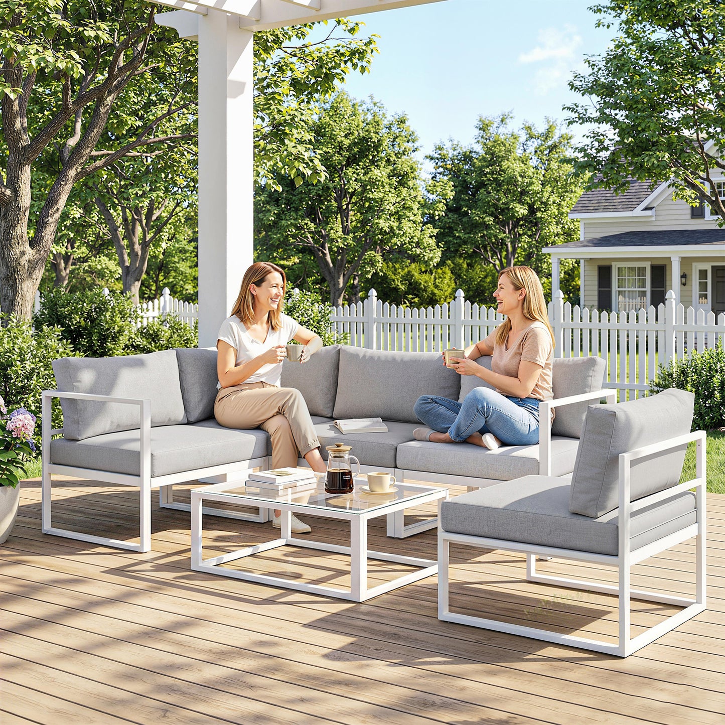6 Seater Aluminium Garden Furniture Set with Table, Cushions, Grey