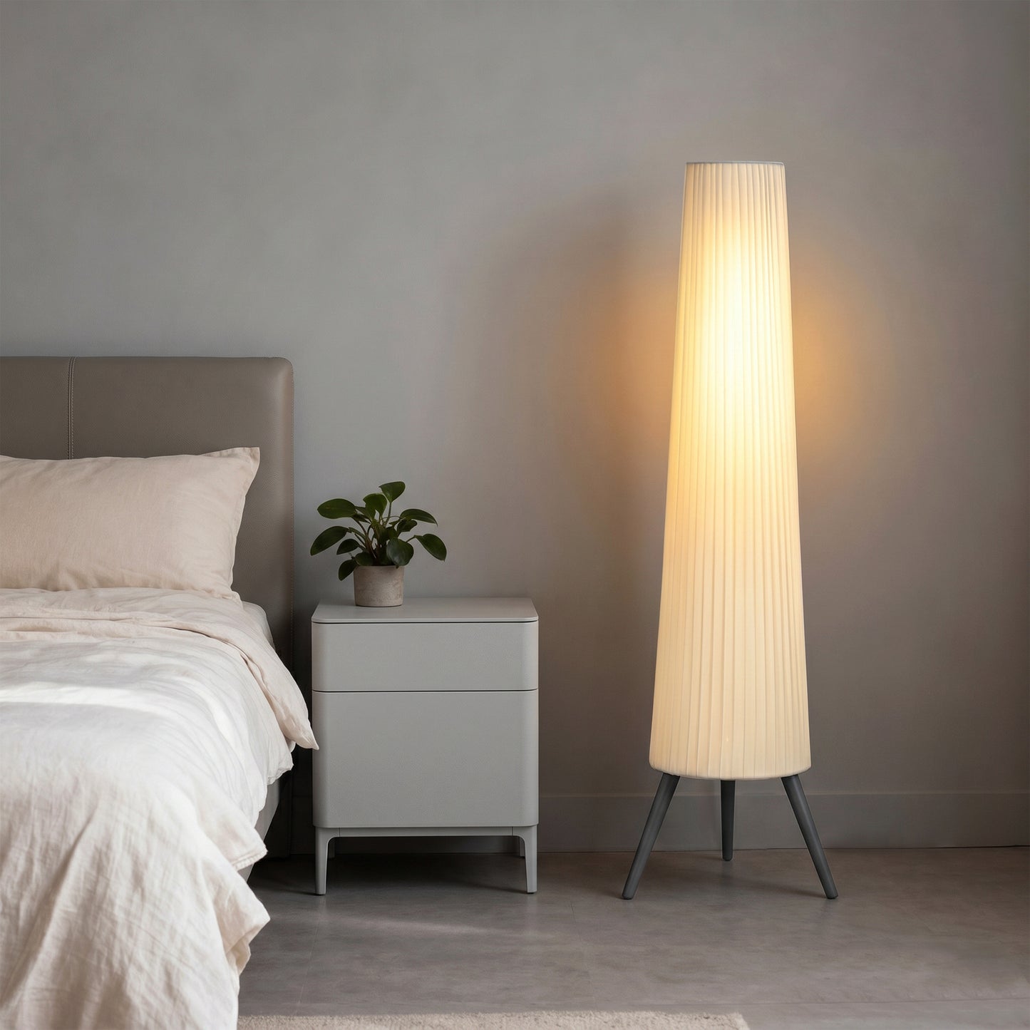 Dimmable Tripod Floor Lamp with Foot Switch, Nordic Standing Lamp with Fabric Shade for Living Room, Bedroom, Office, 153cm, White and Grey