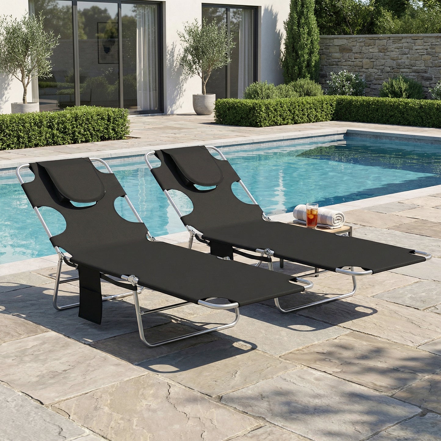 2 Sun Loungers with Reading Hole, Folding Garden Lounger, Black