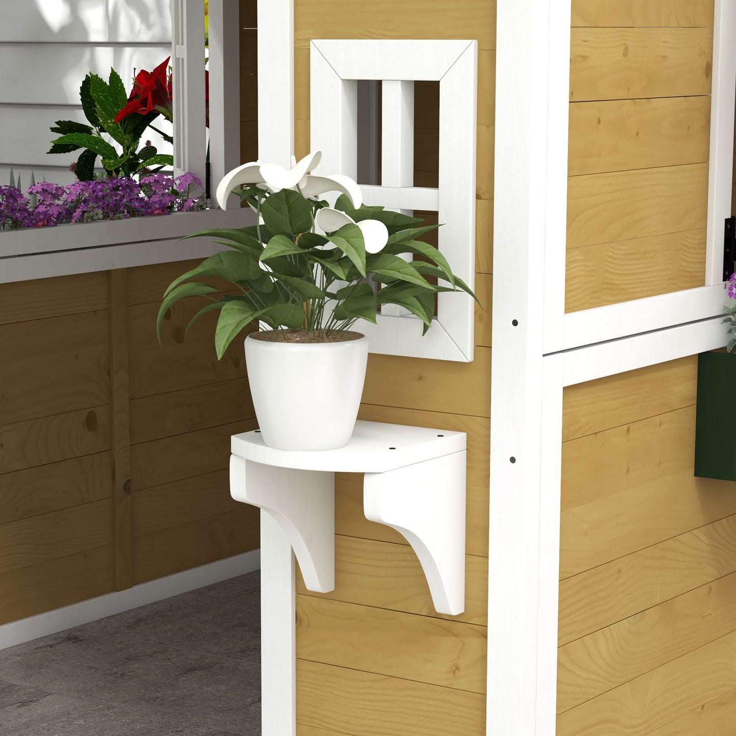 Wooden Playhouse with Doors, Windows, Plant Pots, Boxes, for 3-8 Years - Beige