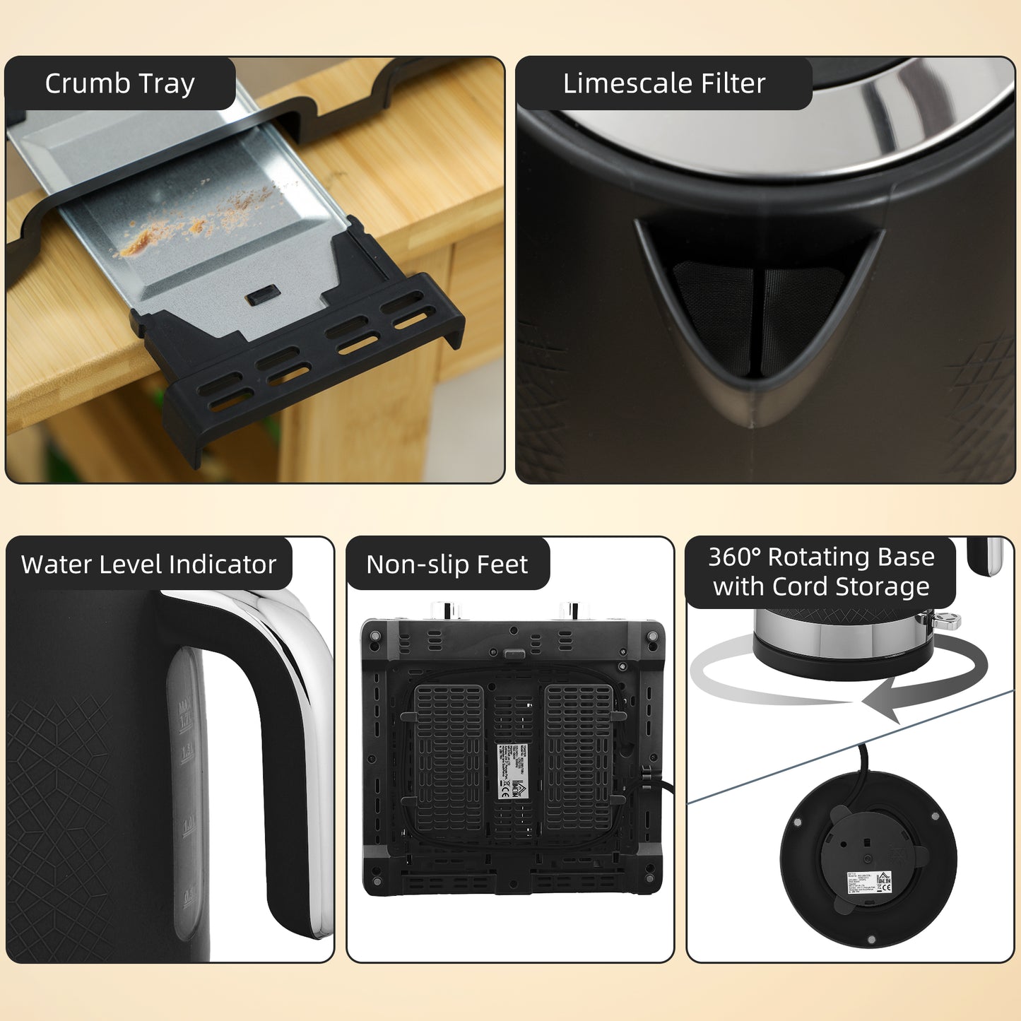 Kettle and Toaster Set with 3000W Rapid Boil, 4 Slice Toaster, Black