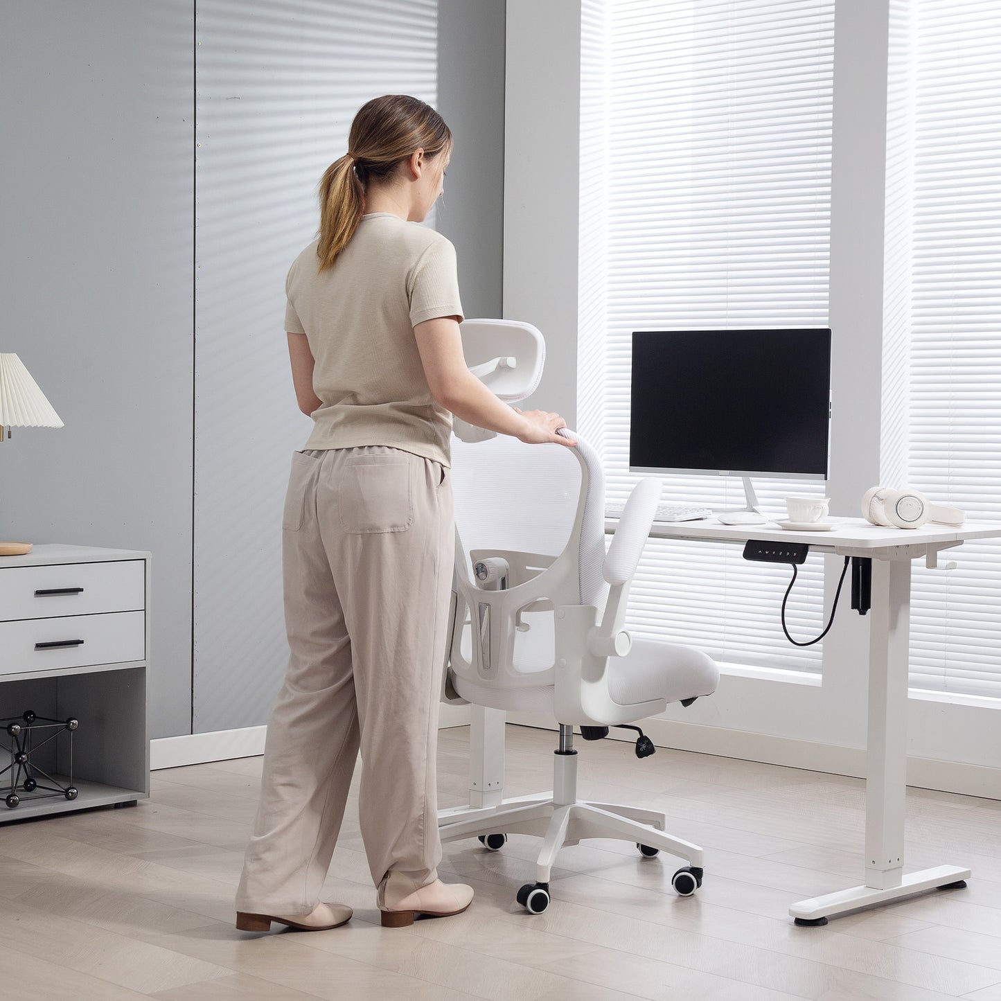 Mesh Chair with Headrest, 4D Lumbar Support, Flip-up Arm, White