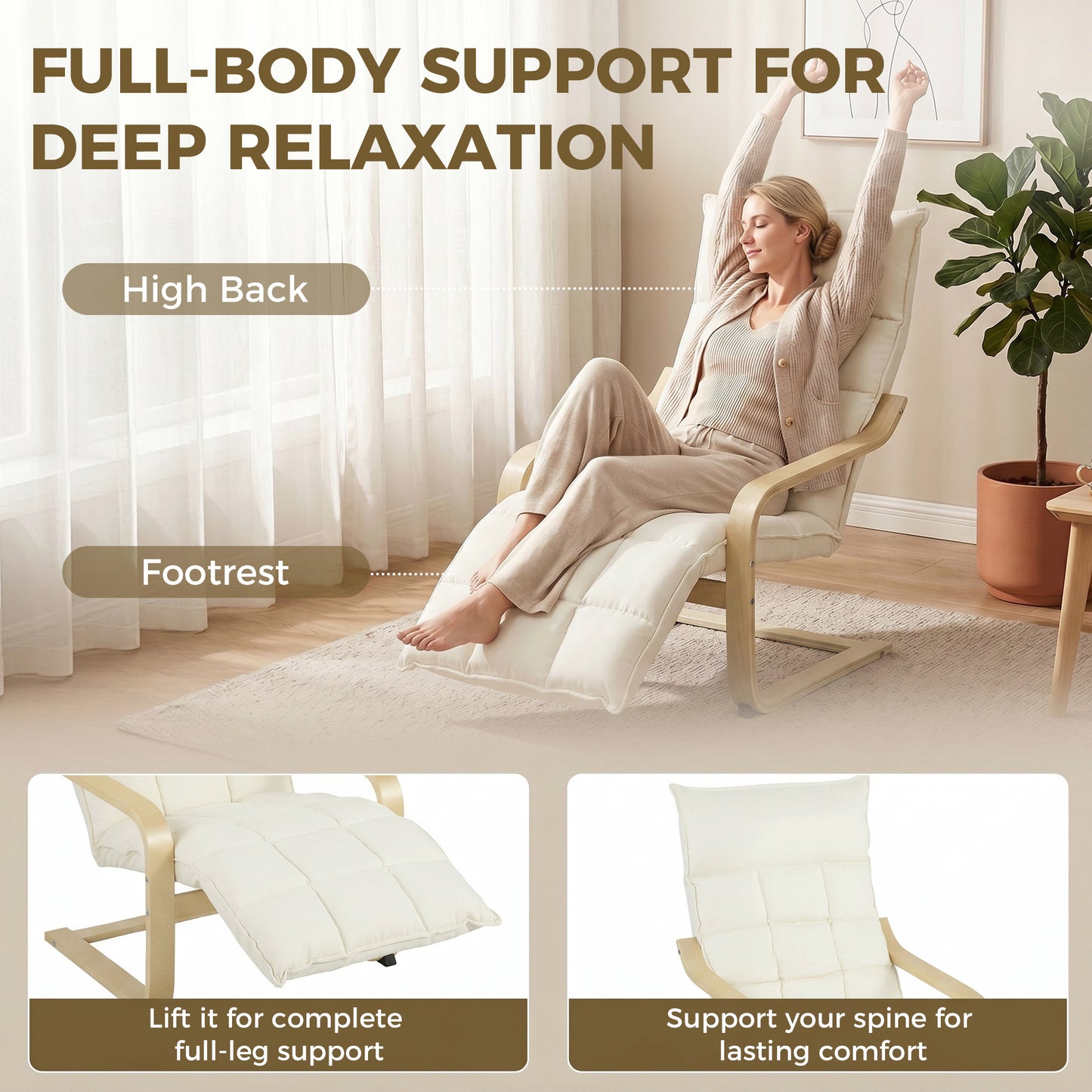 Accent Chair, Linen-Look Fabric Armchair with Footrest, Plush Cushion, High Back, Wide Seat, Curved Legs and Arms, Gentle Motion, Leisure Lounge Chair for Living Room, Bedroom, Cream White