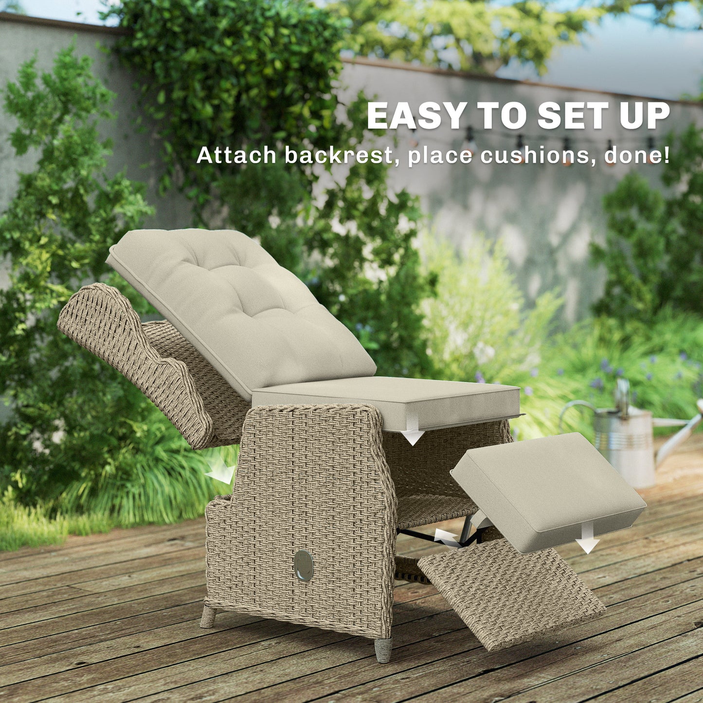 Rattan Garden Recliner Chair with Flip Table, Brown