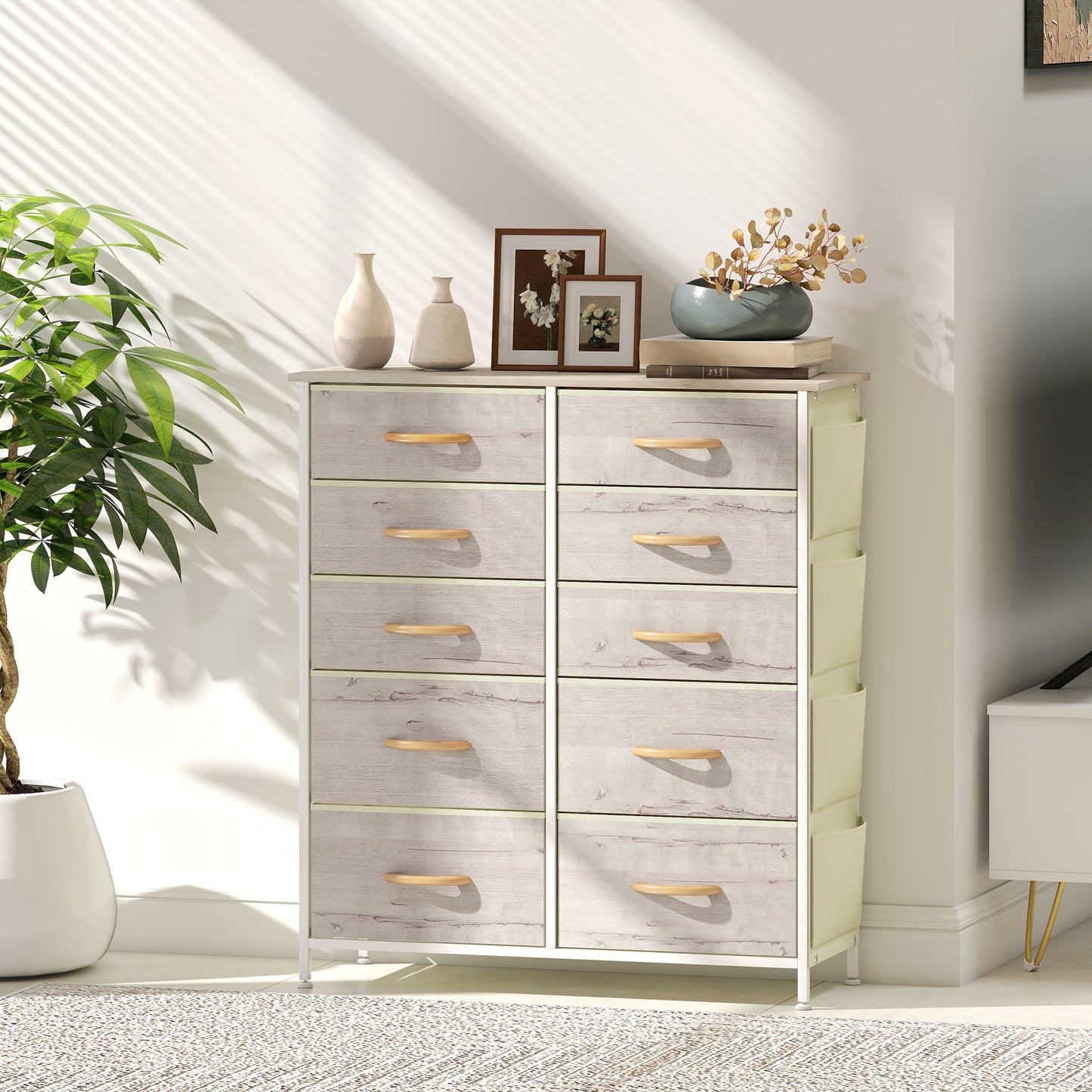 Fabric Chest of Drawers, 10 Drawer Dresser for Bedroom, Natural Wood