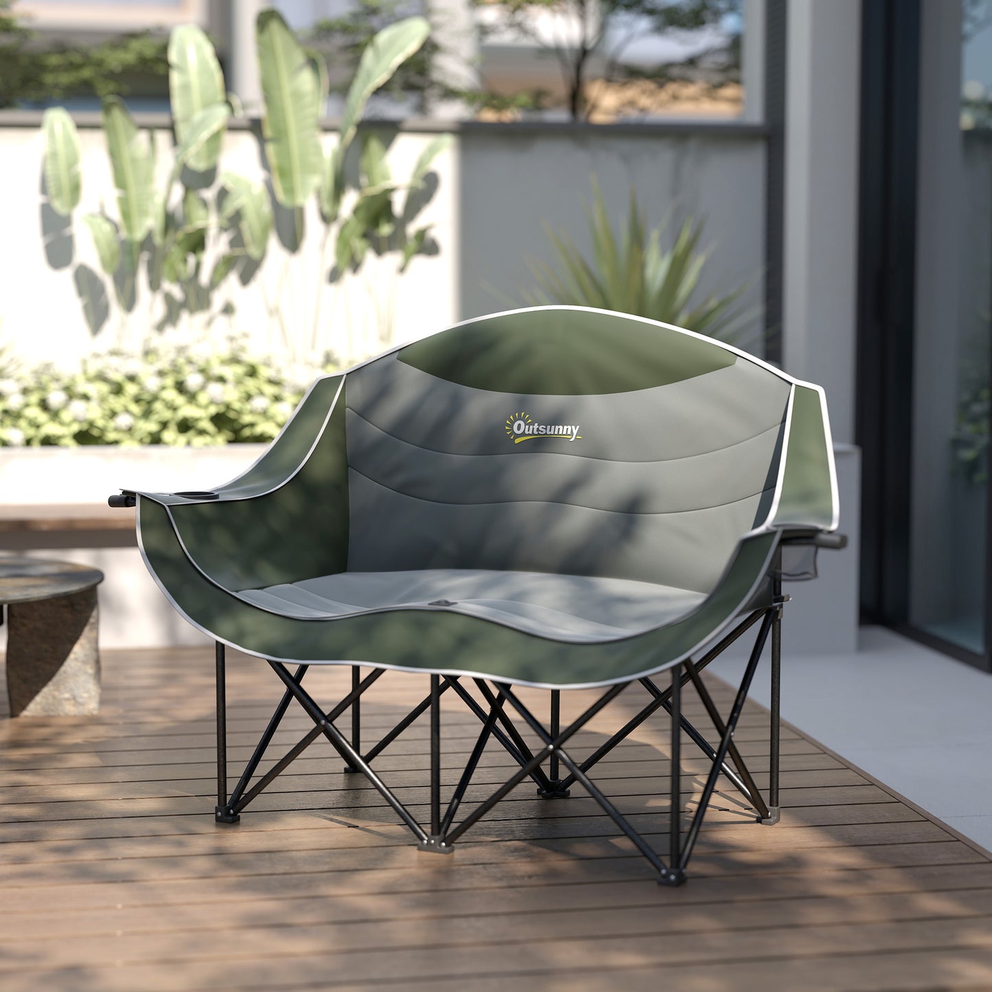 Double Camping Chair for Adults with Armrests, Cup Holders, Green