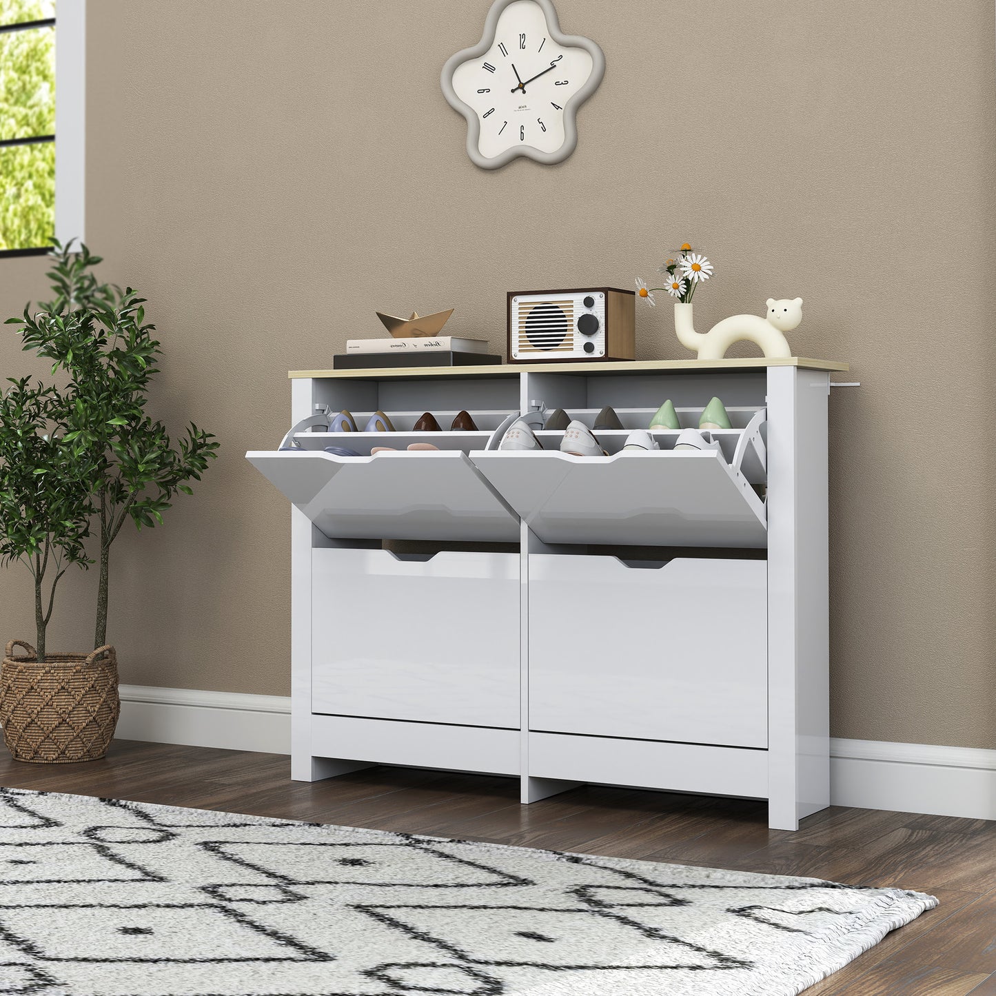 16-Shoe Storage Cabinet 4 Shelves 4 Drawers Tabletop White