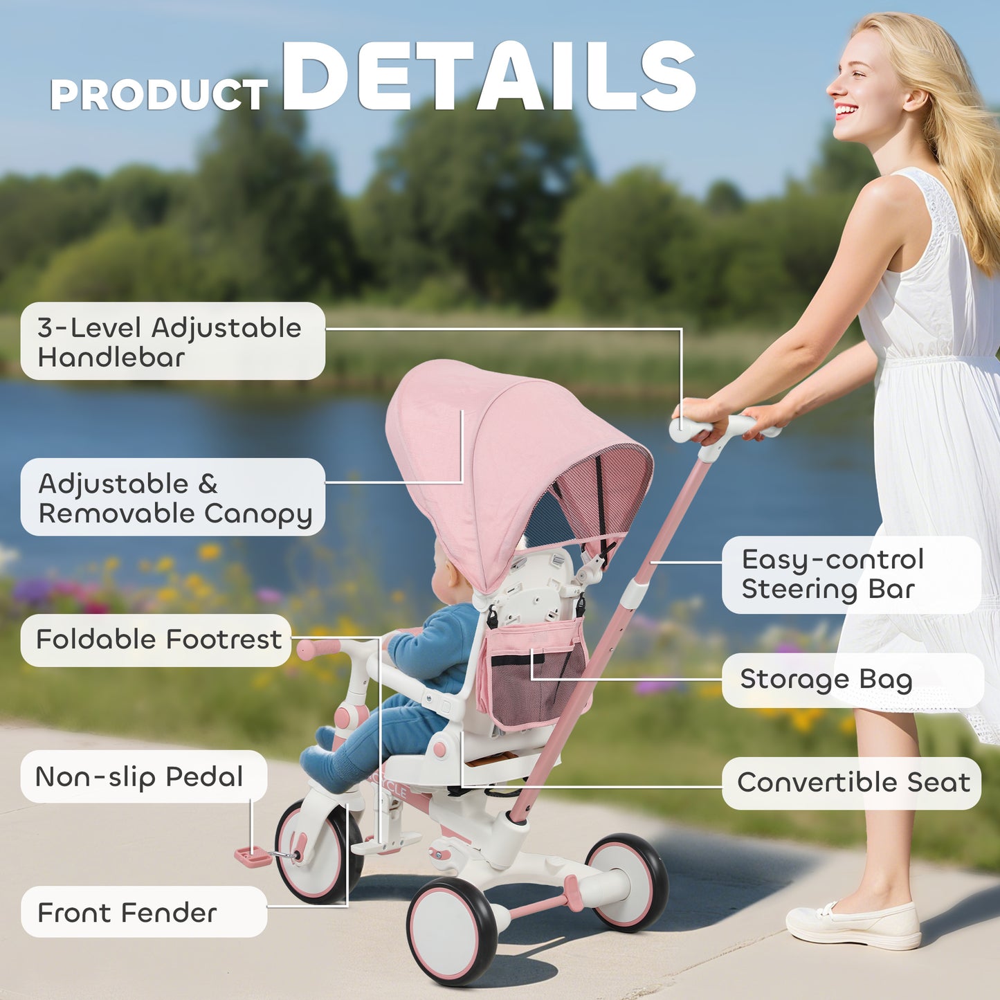 5 in 1 Foldable Kids Trike, Toddler Tricycle for 1-3 Years, Pink