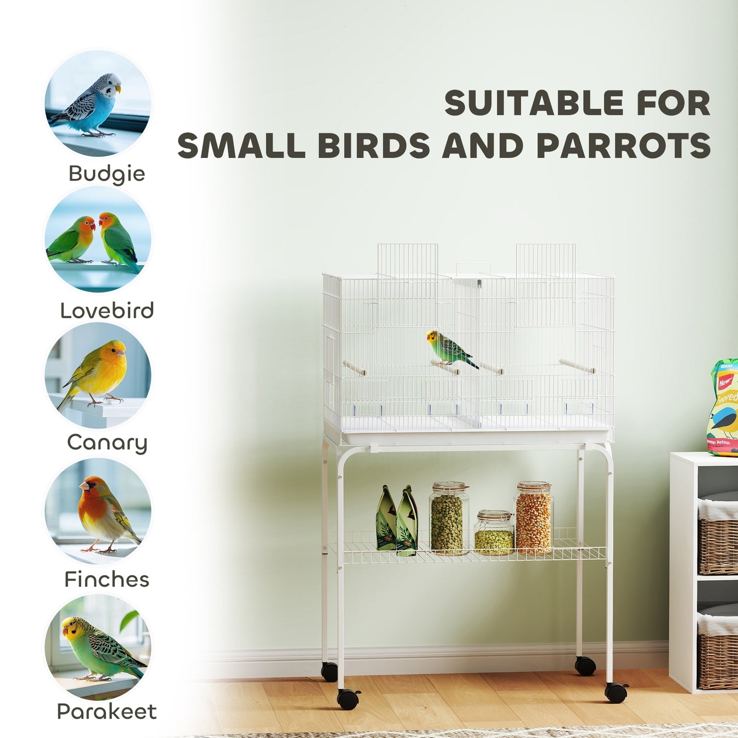 Bird Cage with Divider, 4 Wooden Perches, Slide Out Tray, White