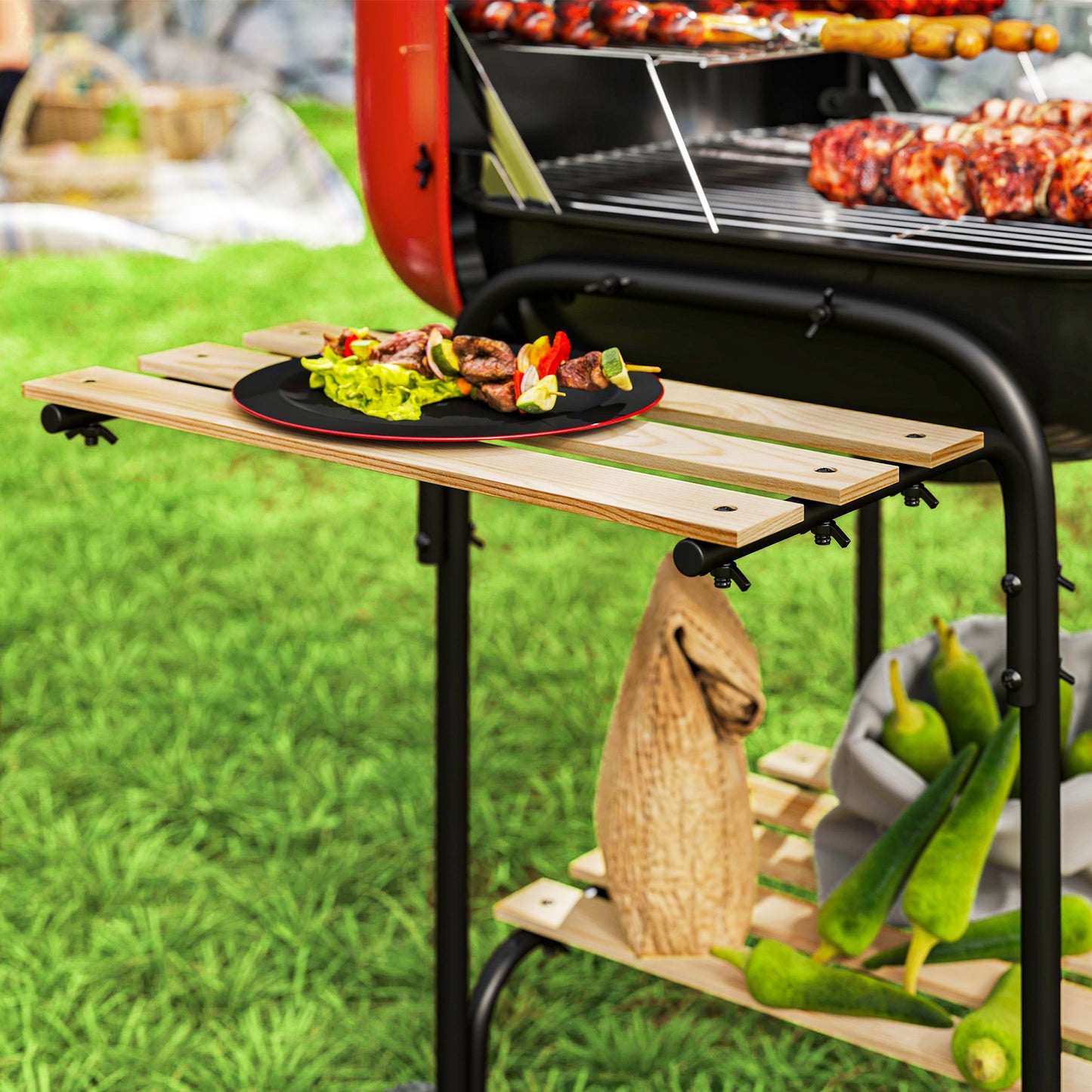 Charcoal Barbecue Grill Portable BBQ with Lockable Lid, Vent, Red