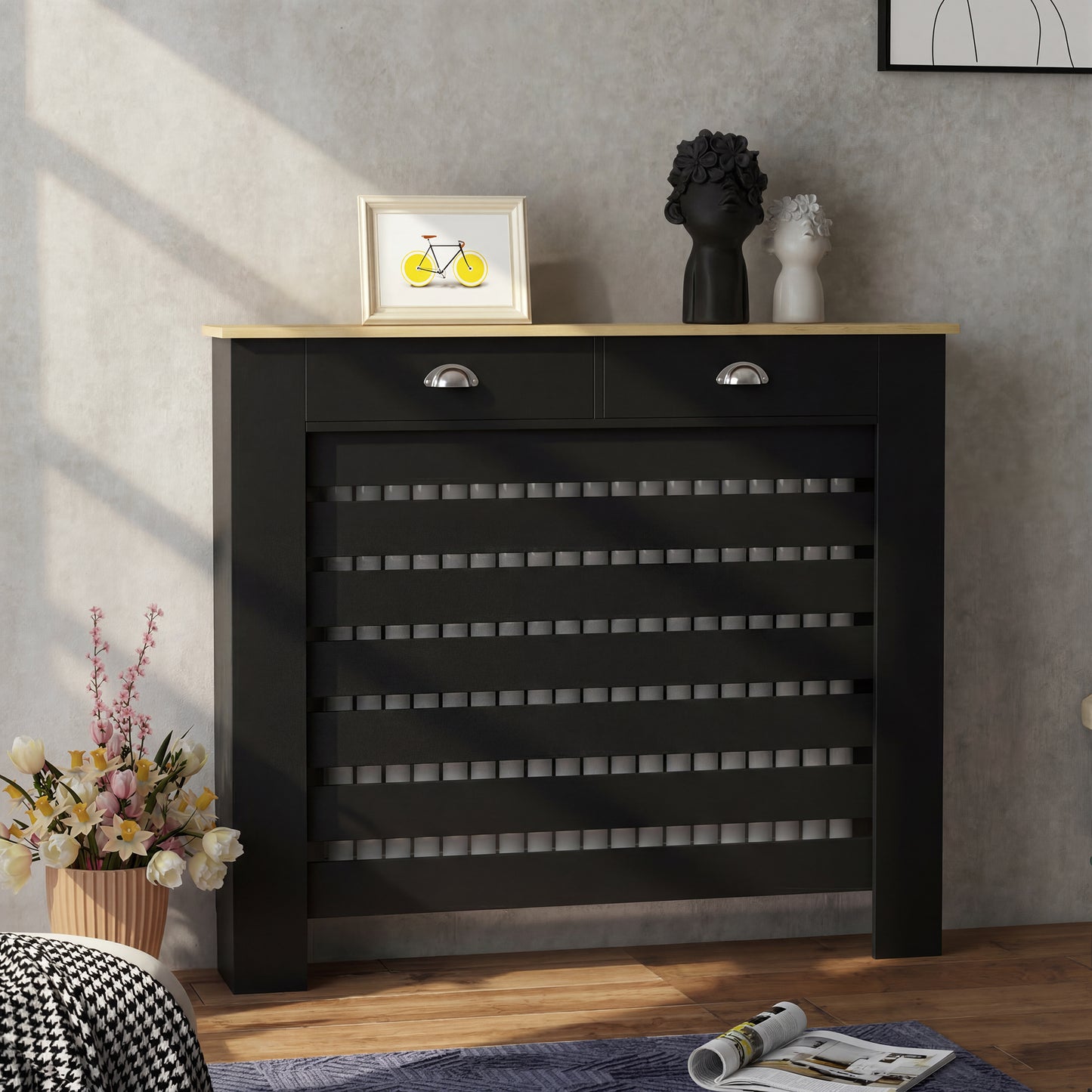 Radiator Cover with Drawer, Horizontal Slat, 111cm, Black