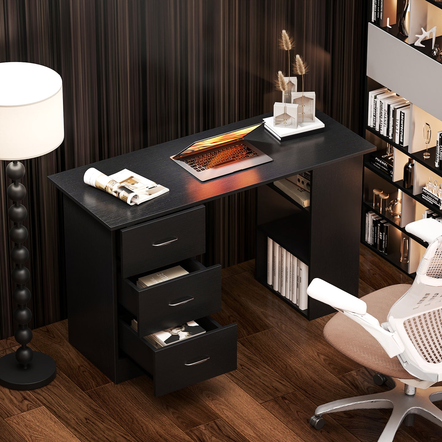 120cm PC Table Workstation Computer Desk with Drawers & 3 Shelf Black