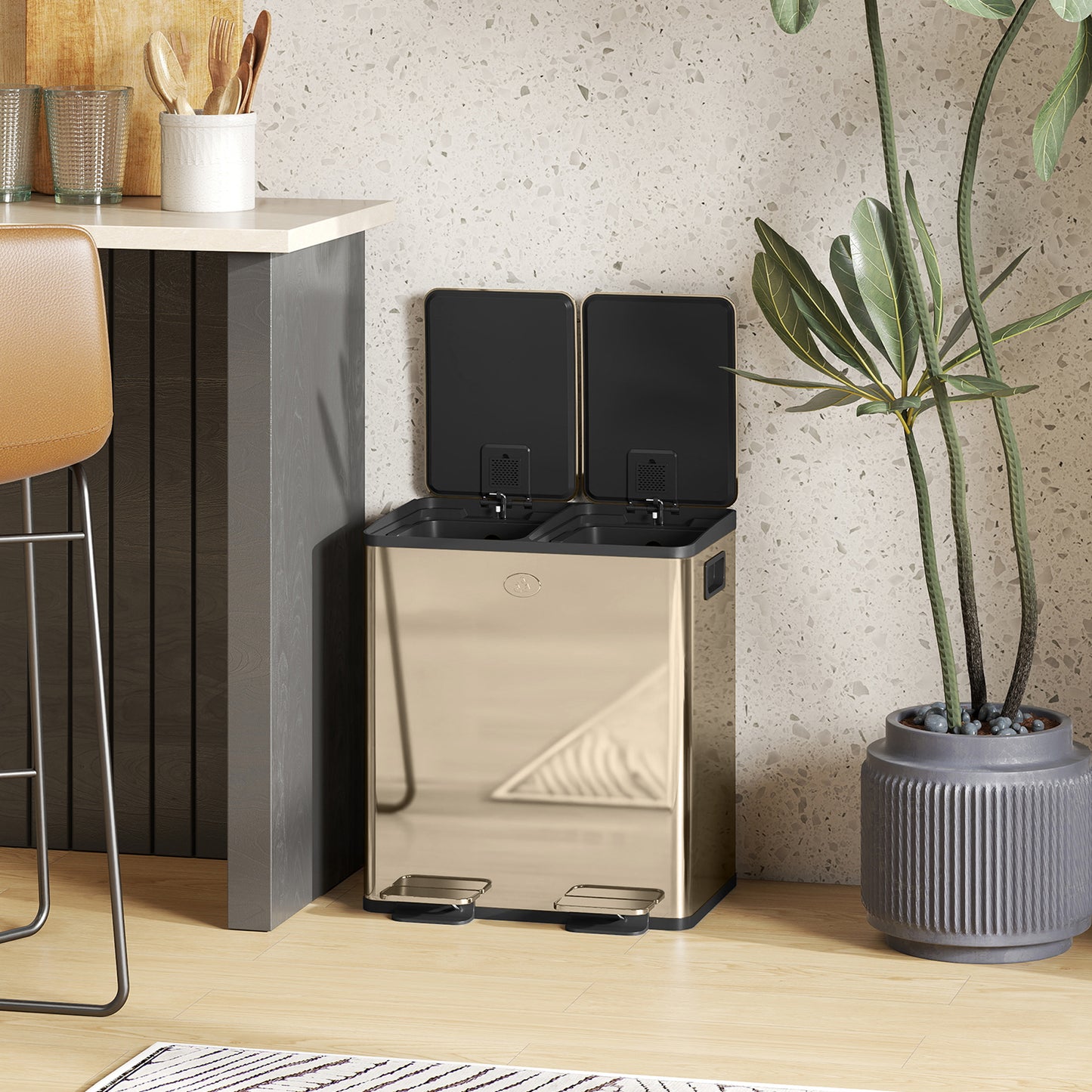 2 x 20L Dual Kitchen Bin Pedal Bin for Recycling and Waste, Gold Tone