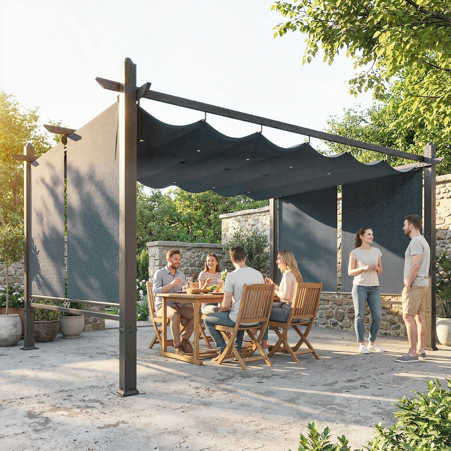 Garden Pergola with Retractable Roof Canopy, Dark Grey