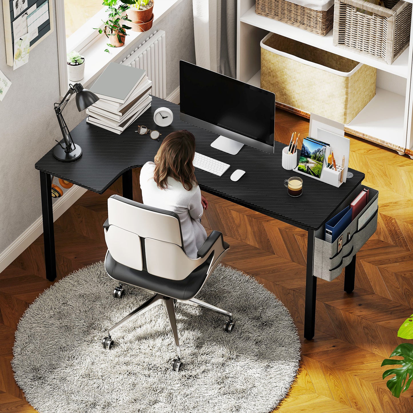 L-Shaped Corner Desk Computer with Fabric Bag and Hooks, Black