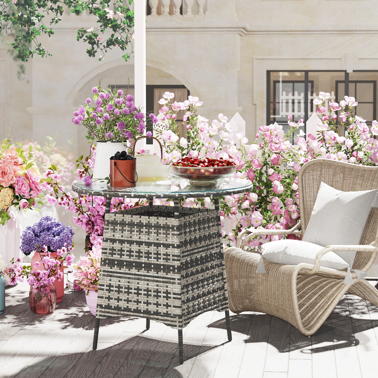 Patio Furniture Rattan Garden Table with Umbrella Hole, Grey