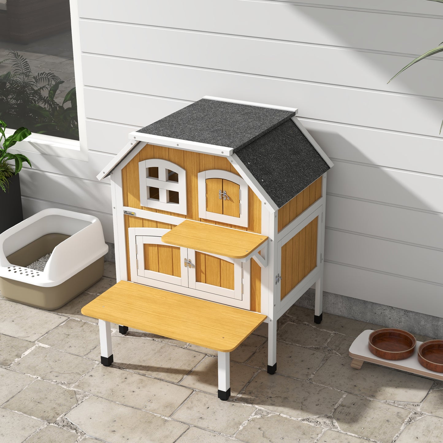 Outdoor Cat House Cat Shelter w/ Openable Asphalt Roof, Escape Doors
